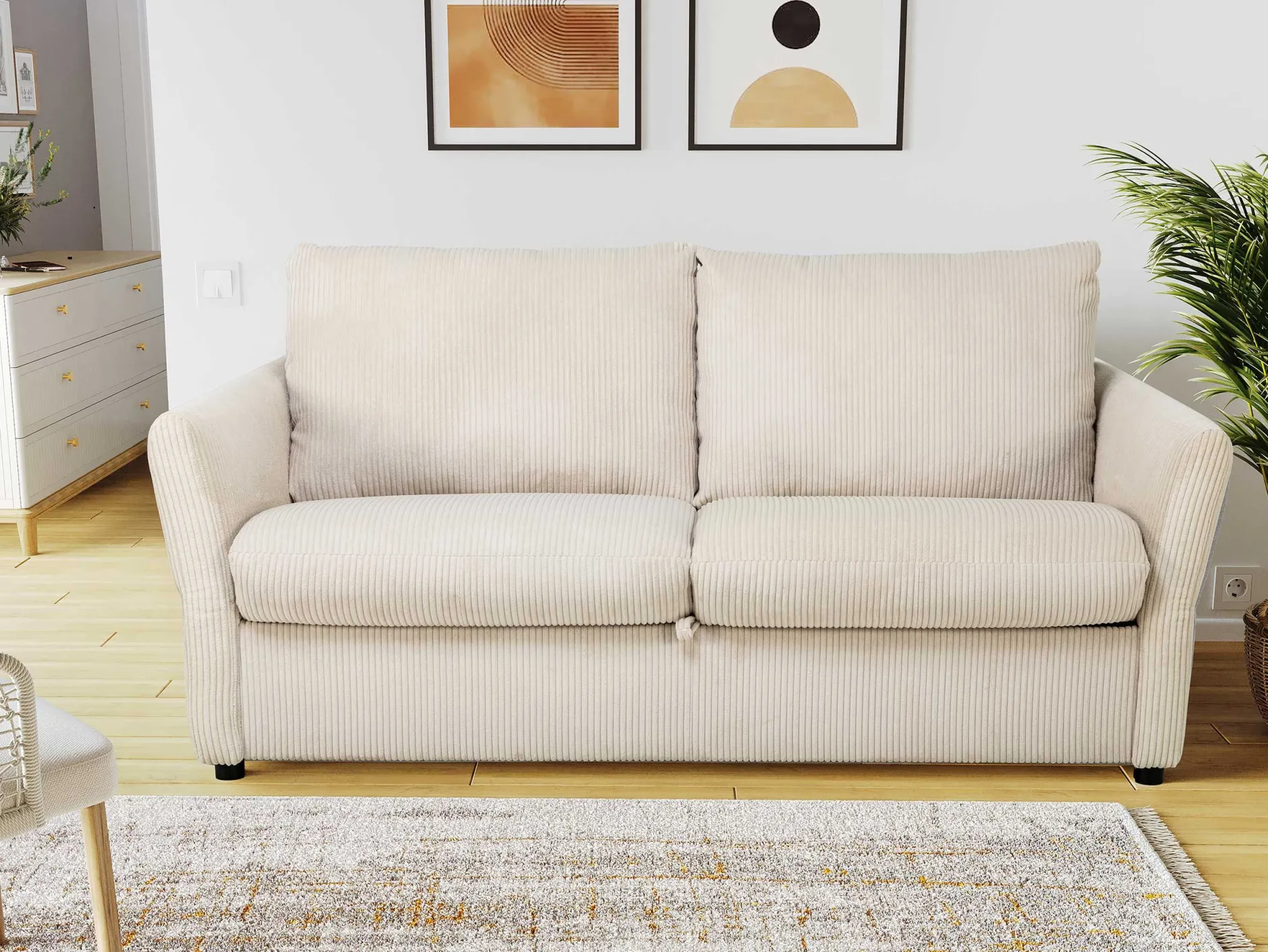Schlafsofa Maho - 178x96x85cm - beige gerippter Samt