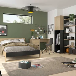 Schlafzimmer Nael: Doppelbett 140x190, Schreibtisch, Bücherregal, Kleiderschrank - Eiche Dekor/schwarz
