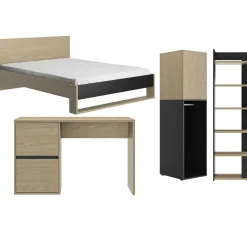 Schlafzimmer Nael: Doppelbett 140x190, Schreibtisch, Bücherregal, Kleiderschrank - Eiche Dekor/schwarz