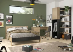 Schlafzimmer Nael: Doppelbett 140x190, Schreibtisch, Bücherregal, Kleiderschrank - Eiche Dekor/schwarz