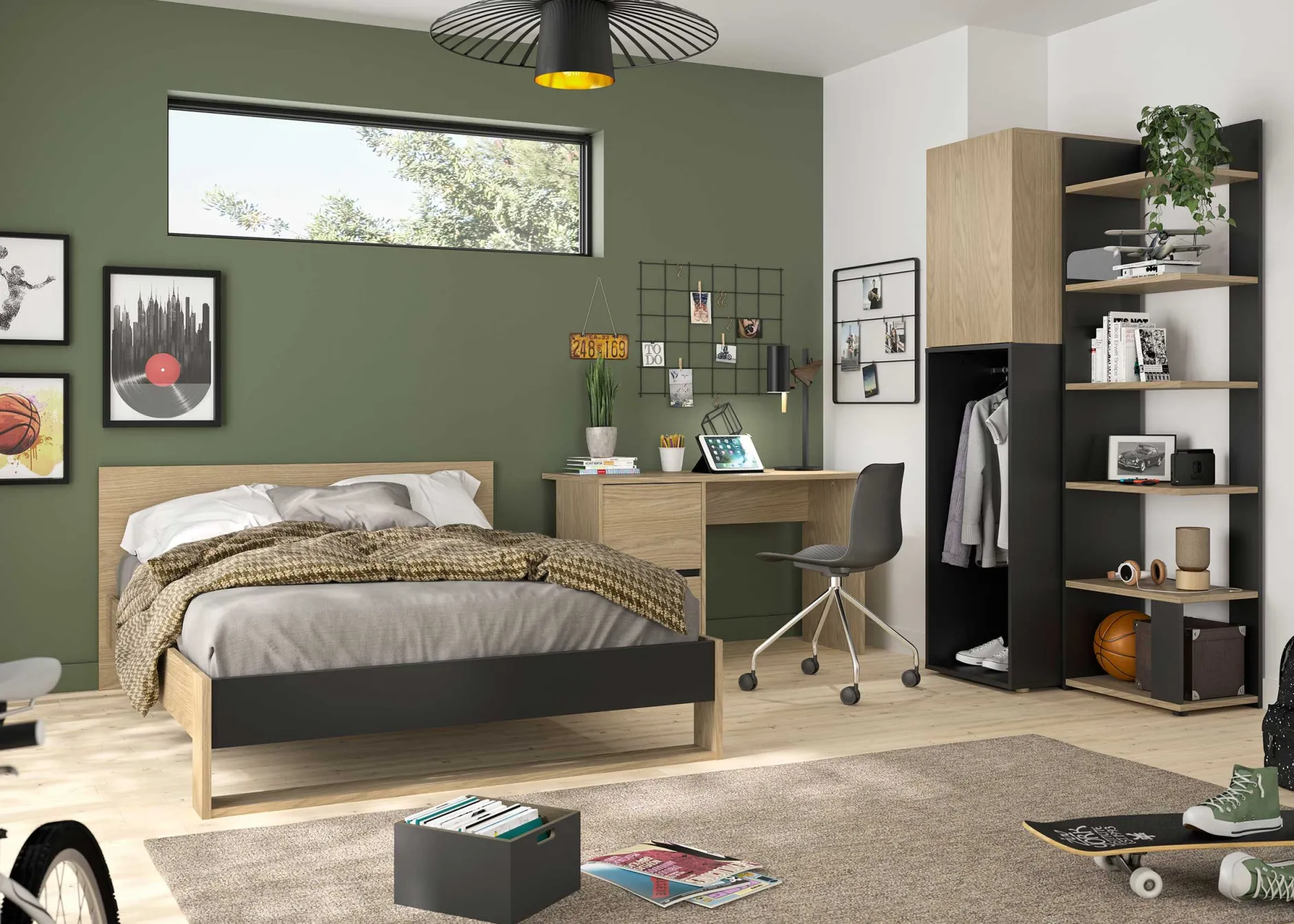 Schlafzimmer Nael: Doppelbett 140x200, Schreibtisch, Bücherregal, Kleiderschrank - Eiche Dekor/schwarz