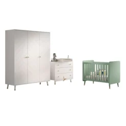 Schlafzimmerset Billy - Kommode, Färberregal, dreitüriger Kleiderschrank und Babybett - Weiß/Grün
