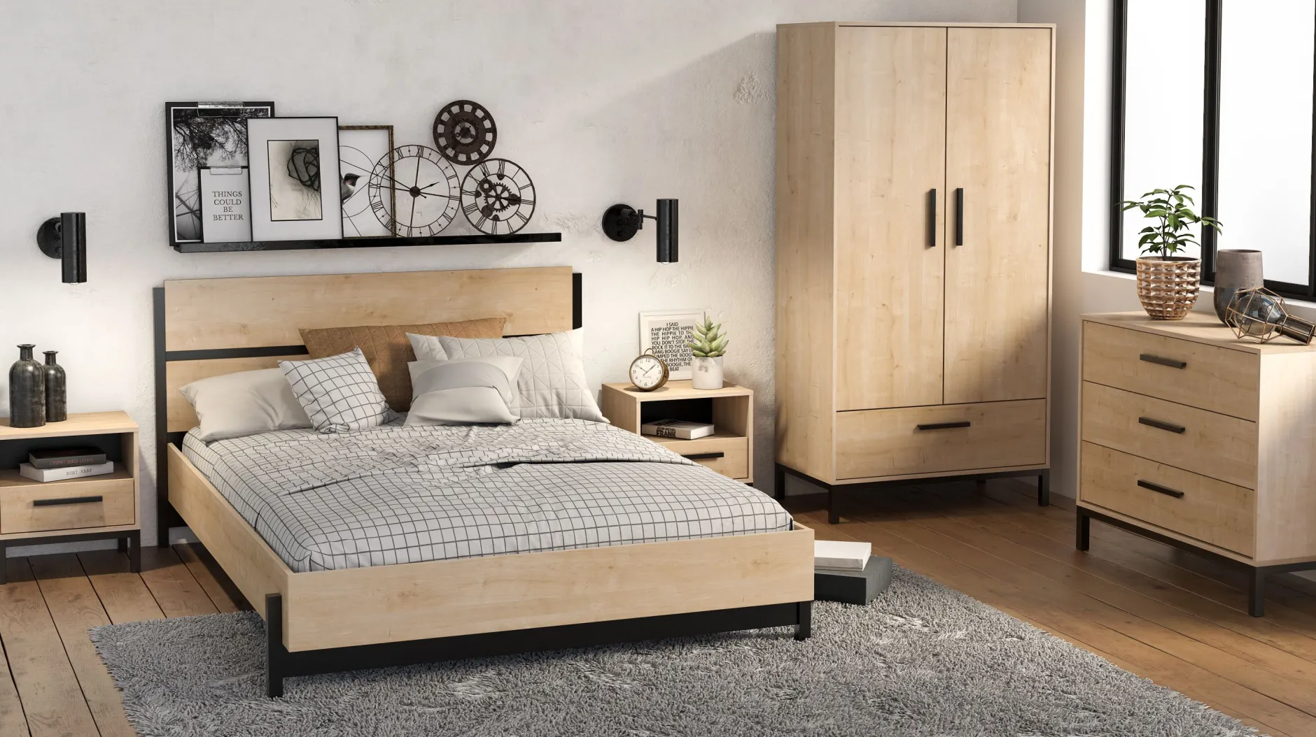 Schlafzimmerset Craig | Doppelbett, Nachttisch, Kleiderschrank, Kommode | Oak Matte Black