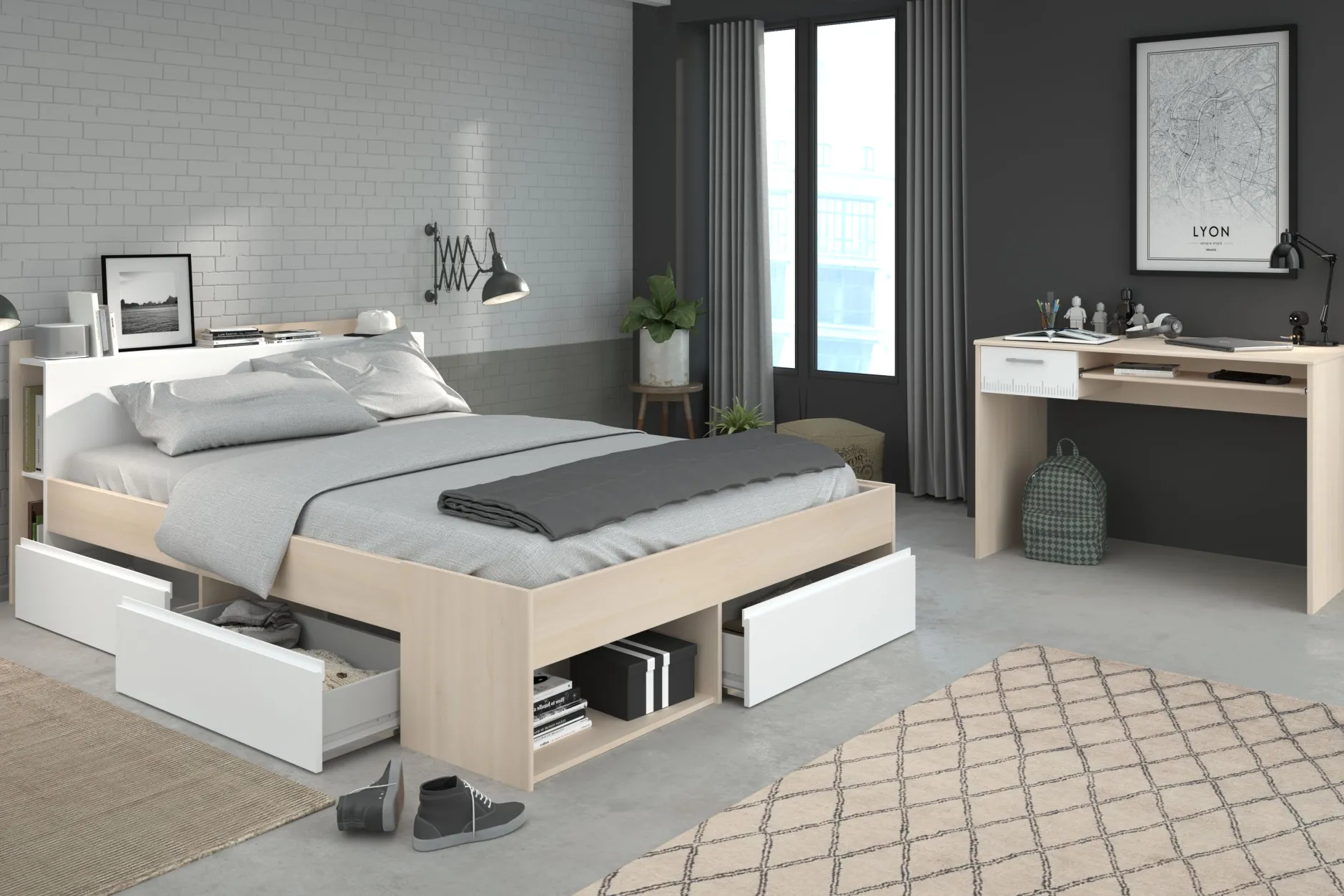 Schlafzimmerset Most | Doppelbett mit Stauraum und Schreibtisch
