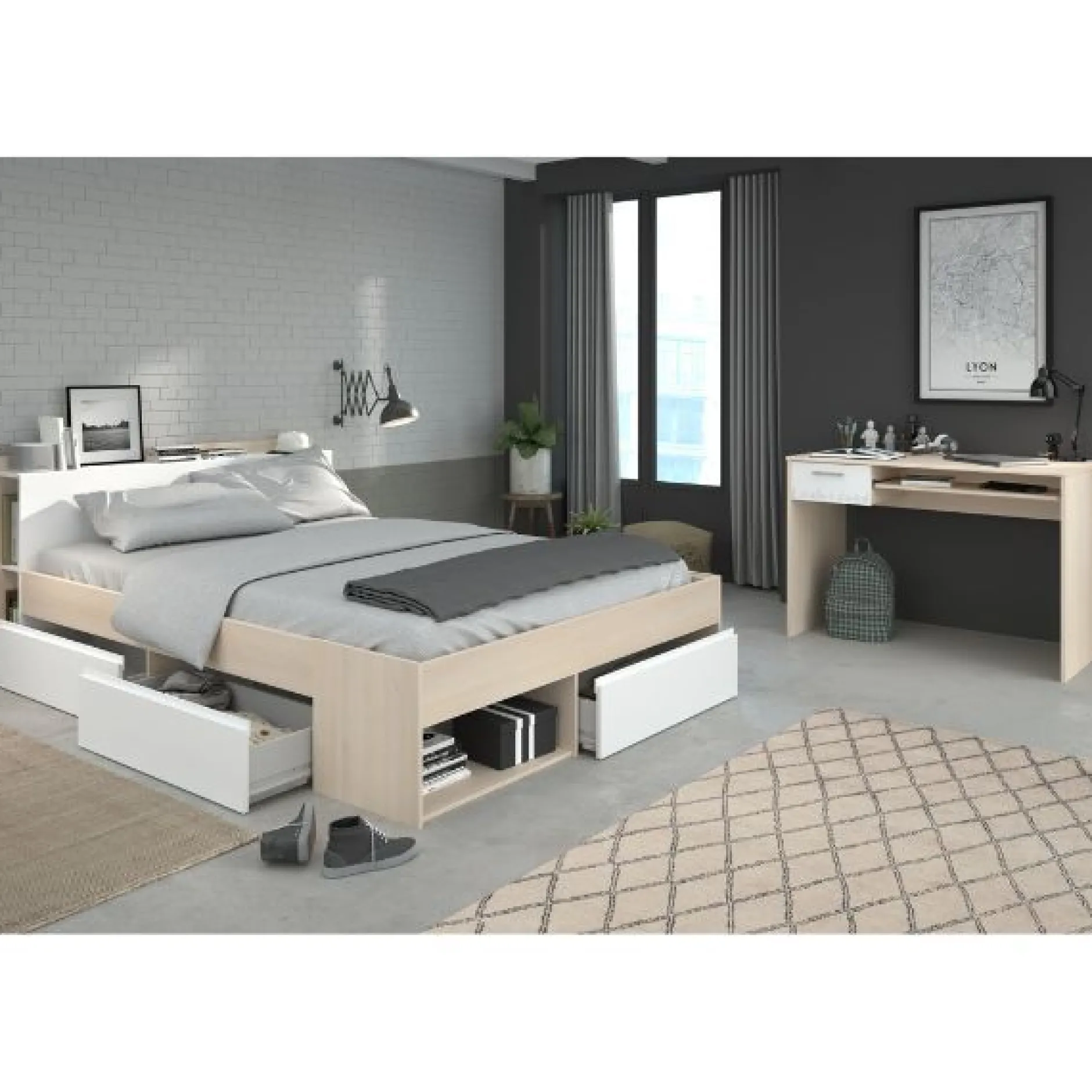 Schlafzimmerset Most | Doppelbett mit Stauraum und Schreibtisch