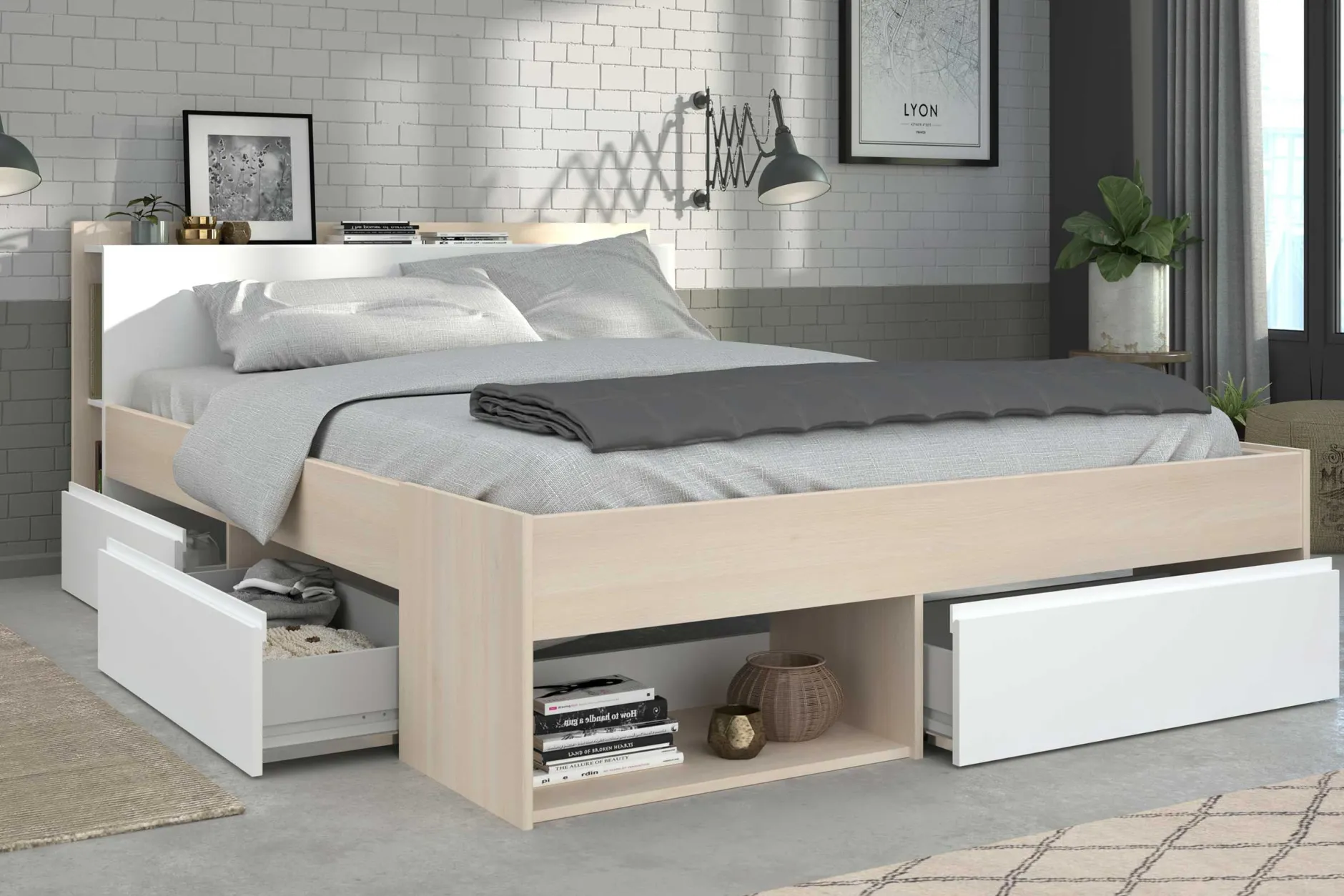 Schlafzimmerset Most | Doppelbett mit Stauraum und Schreibtisch