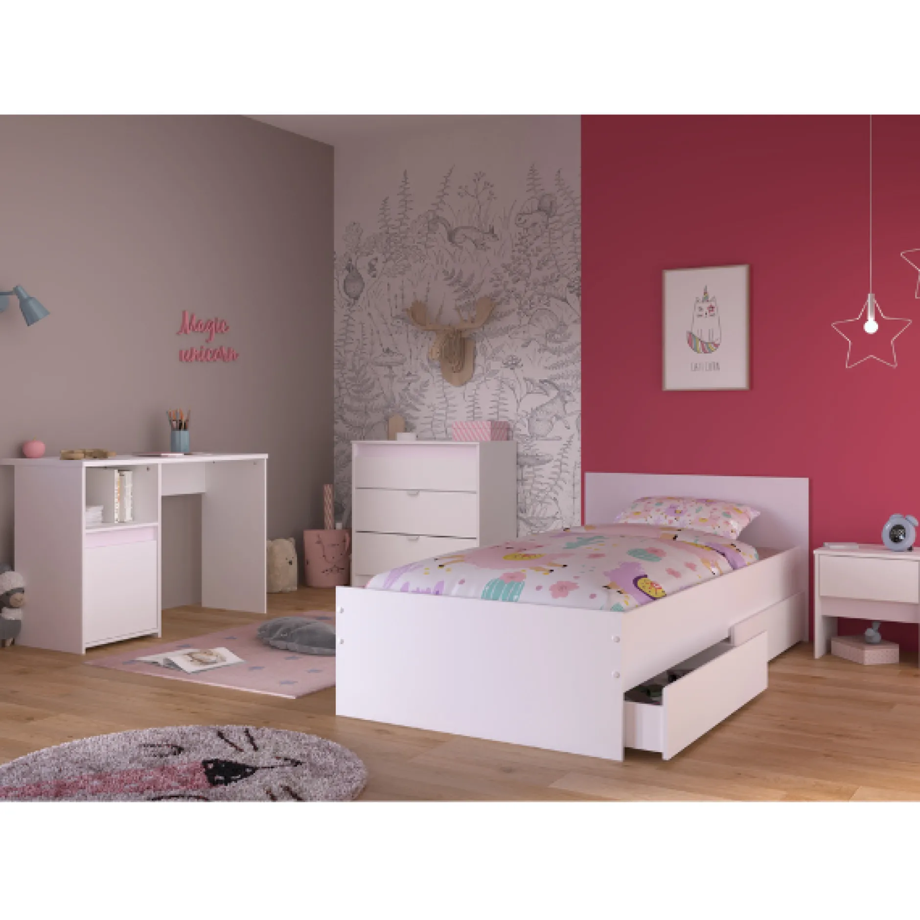 Schlafzimmerset Rue| Einzelbett, Nachttisch, Nachttisch, Kommode, Schreibtisch