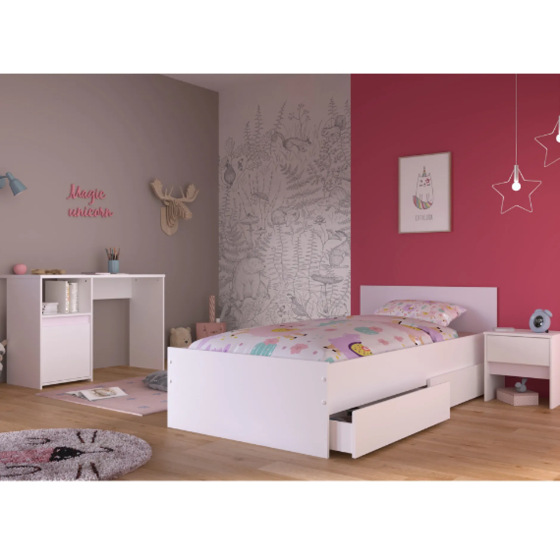 Schlafzimmerset Rue | Einzelbett, Nachttischschubladen-Set, Nachttisch, Schreibtisch