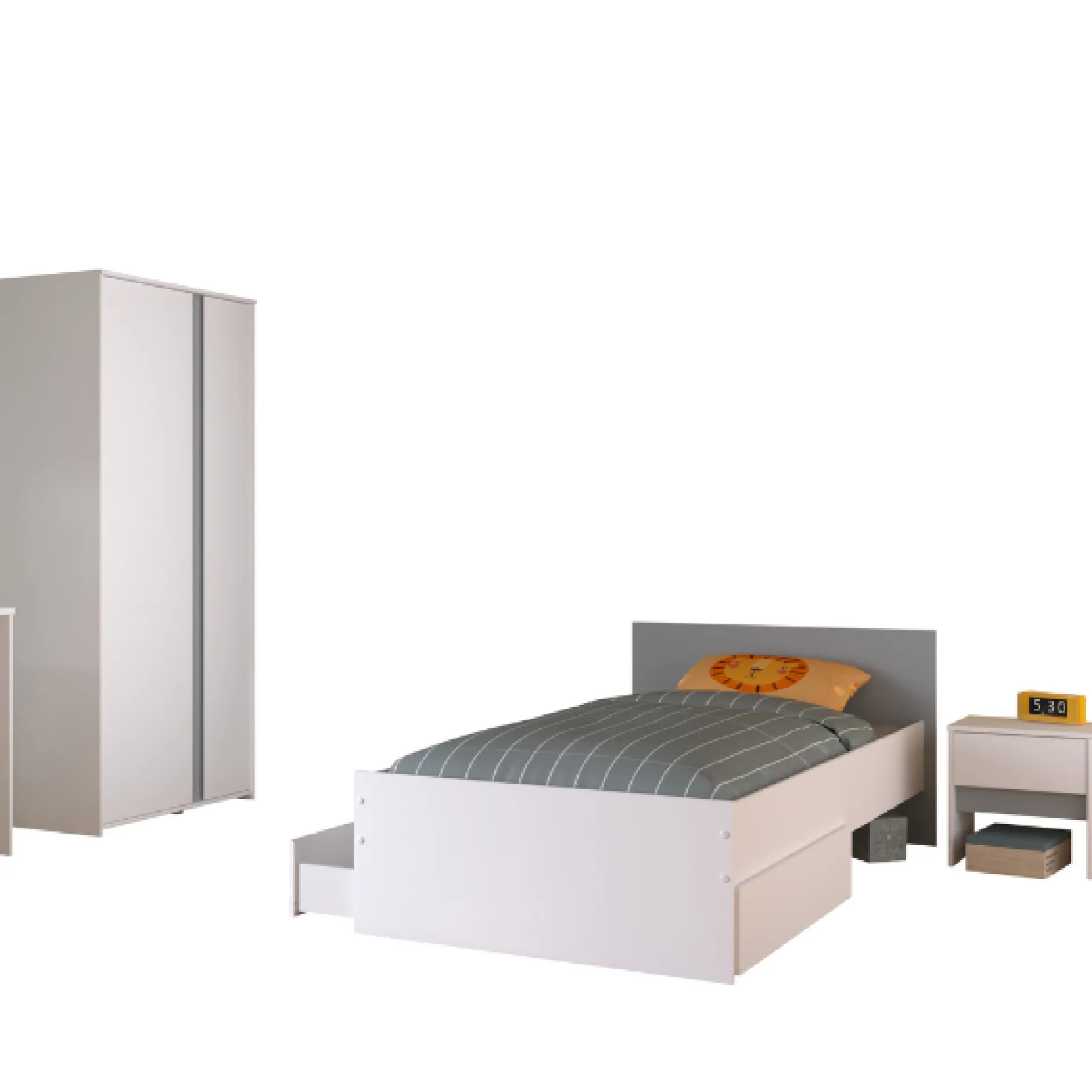 Schlafzimmerset Rue | Einzelbett, Nachttisch, Nachttisch, Kleiderschrank