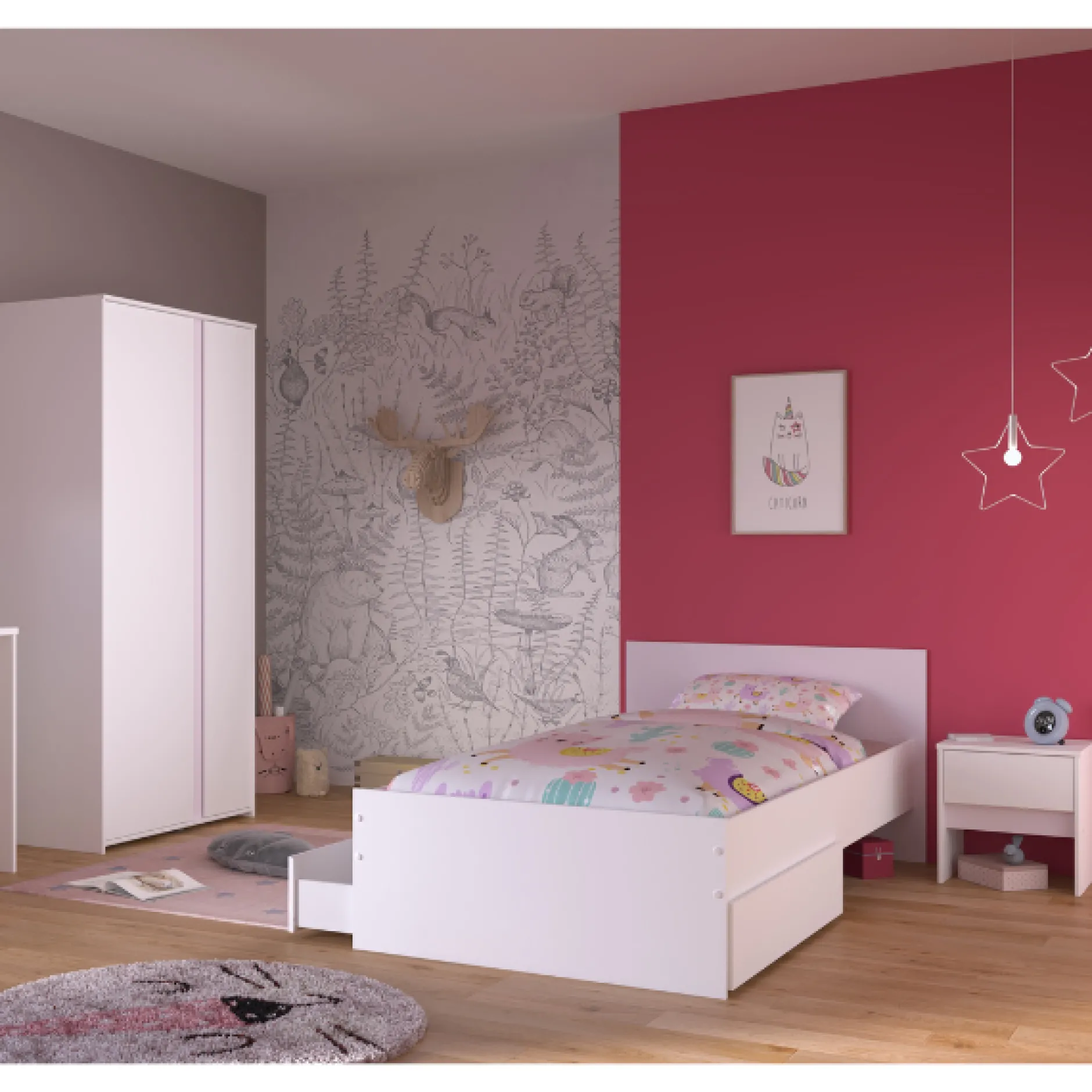 Schlafzimmerset Rue | Einzelbett, Nachttisch, Nachttisch, Kleiderschrank