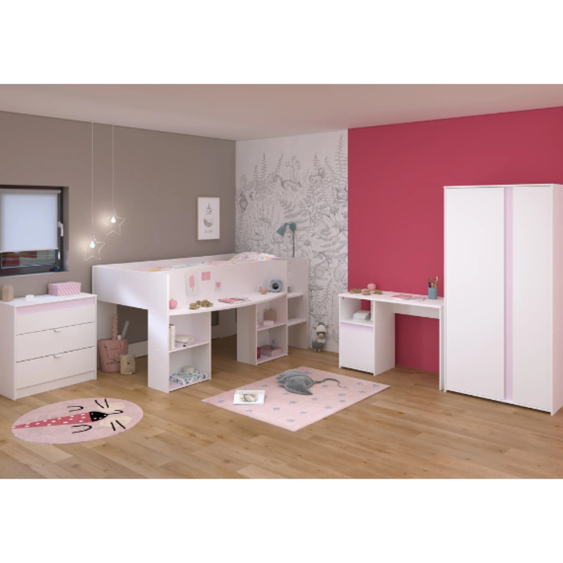 Schlafzimmerset Rue | Halbhochbett, Kleiderschrank, Kommode und Schreibtisch