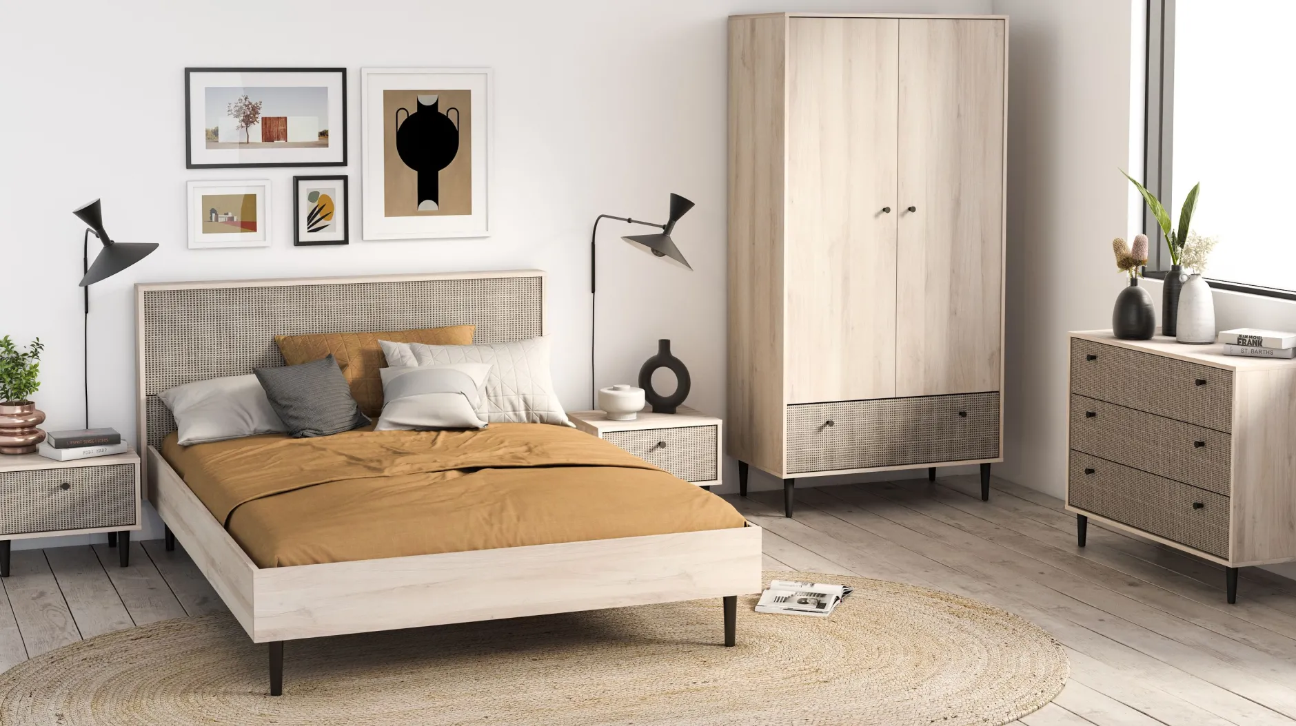 Schlafzimmerset Sayuri | Doppelbett, Nachttisch, Kleiderschrank, Kommode | Kronberg Oak Design