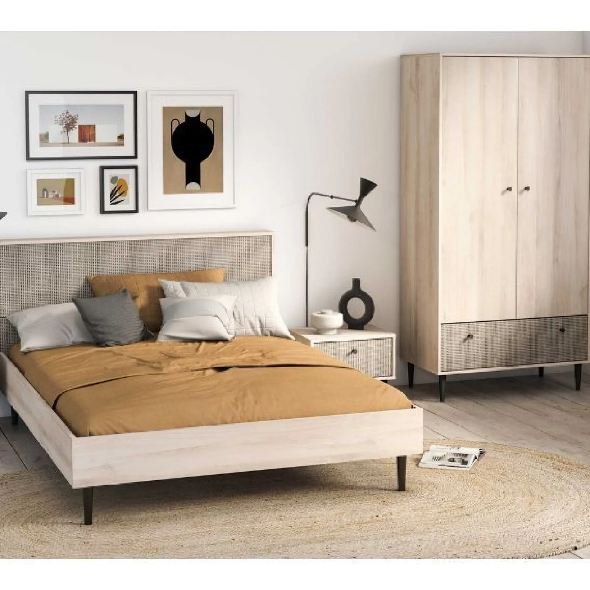 Schlafzimmerset Sayuri | Doppelbett, Nachttisch, Kleiderschrank | Kronberg Oak Design