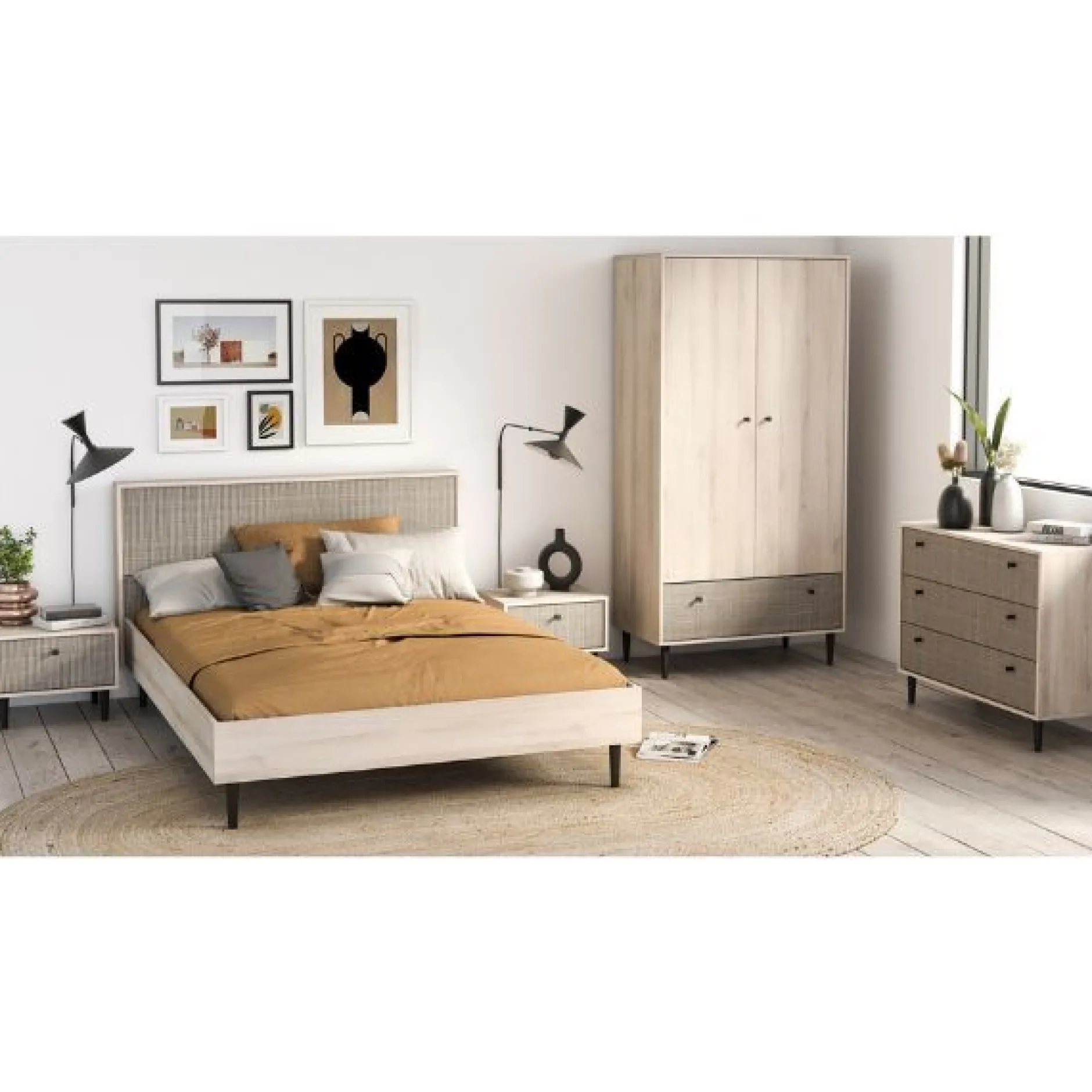 Schlafzimmerset Sayuri | Queen Bett, Nachttisch, Kleiderschrank, Kommode | Kronberg Oak Design