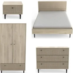 Schlafzimmerset Sayuri | Queen Bett, Nachttisch, Kleiderschrank, Kommode | Kronberg Oak Design