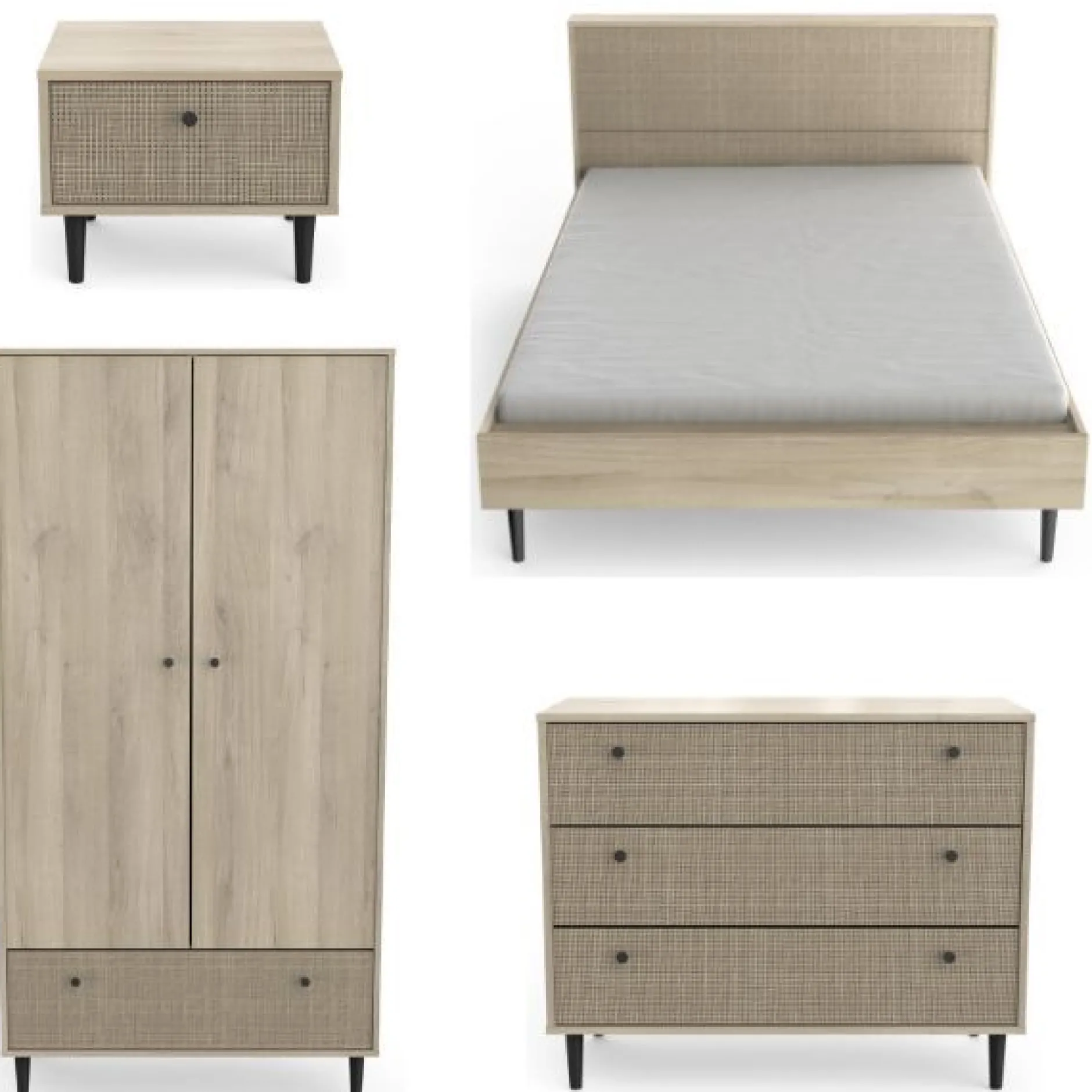 Schlafzimmerset Sayuri | Queen Bett, Nachttisch, Kleiderschrank, Kommode | Kronberg Oak Design