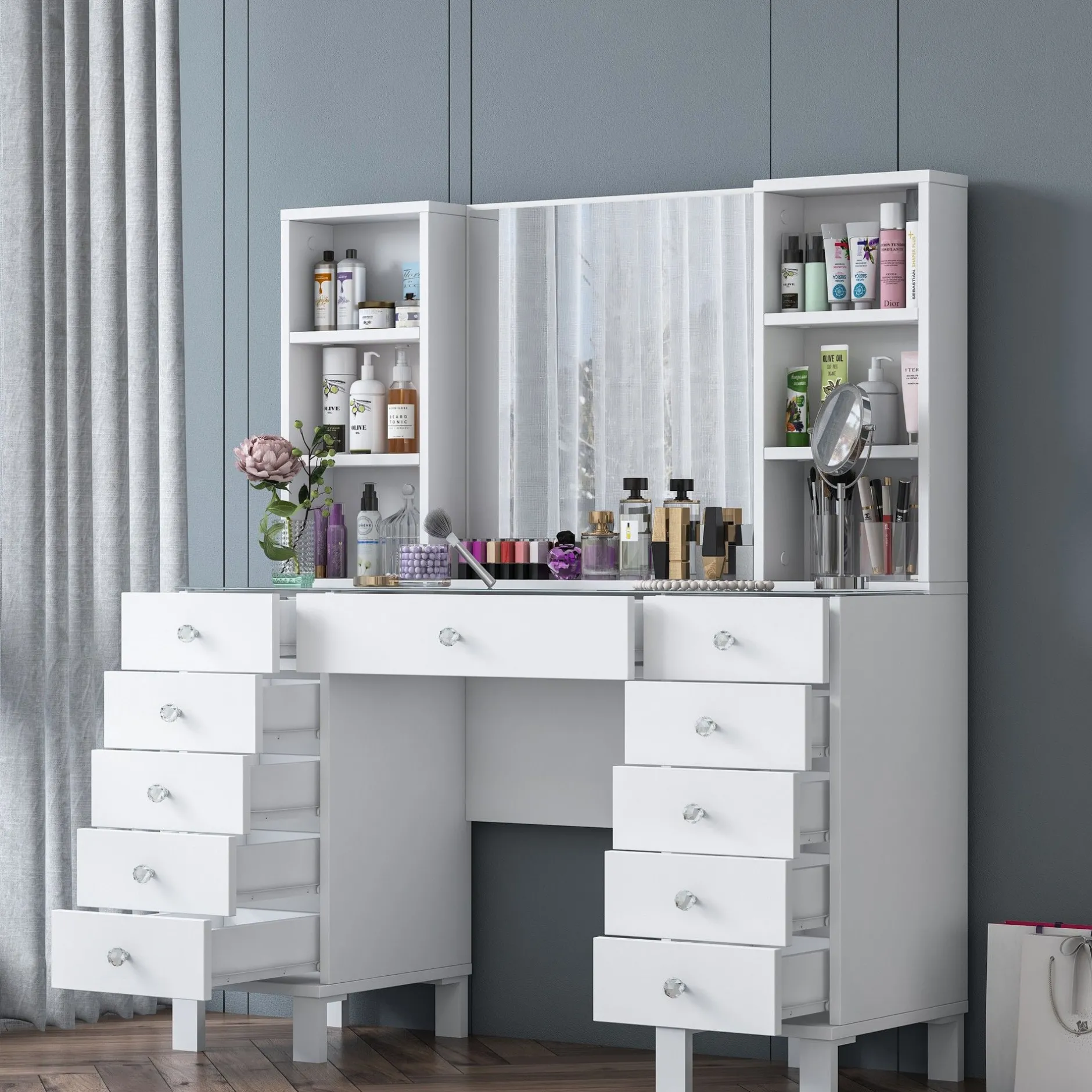 Schminktisch BJ136 - 100% MELAMINE - Weiß - 120 x 133,8 x 40 cm
