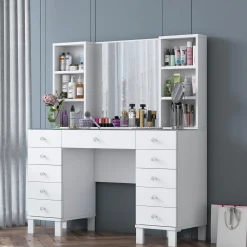 Schminktisch BJ136 - 100% MELAMINE - Weiß - 120 x 133,8 x 40 cm