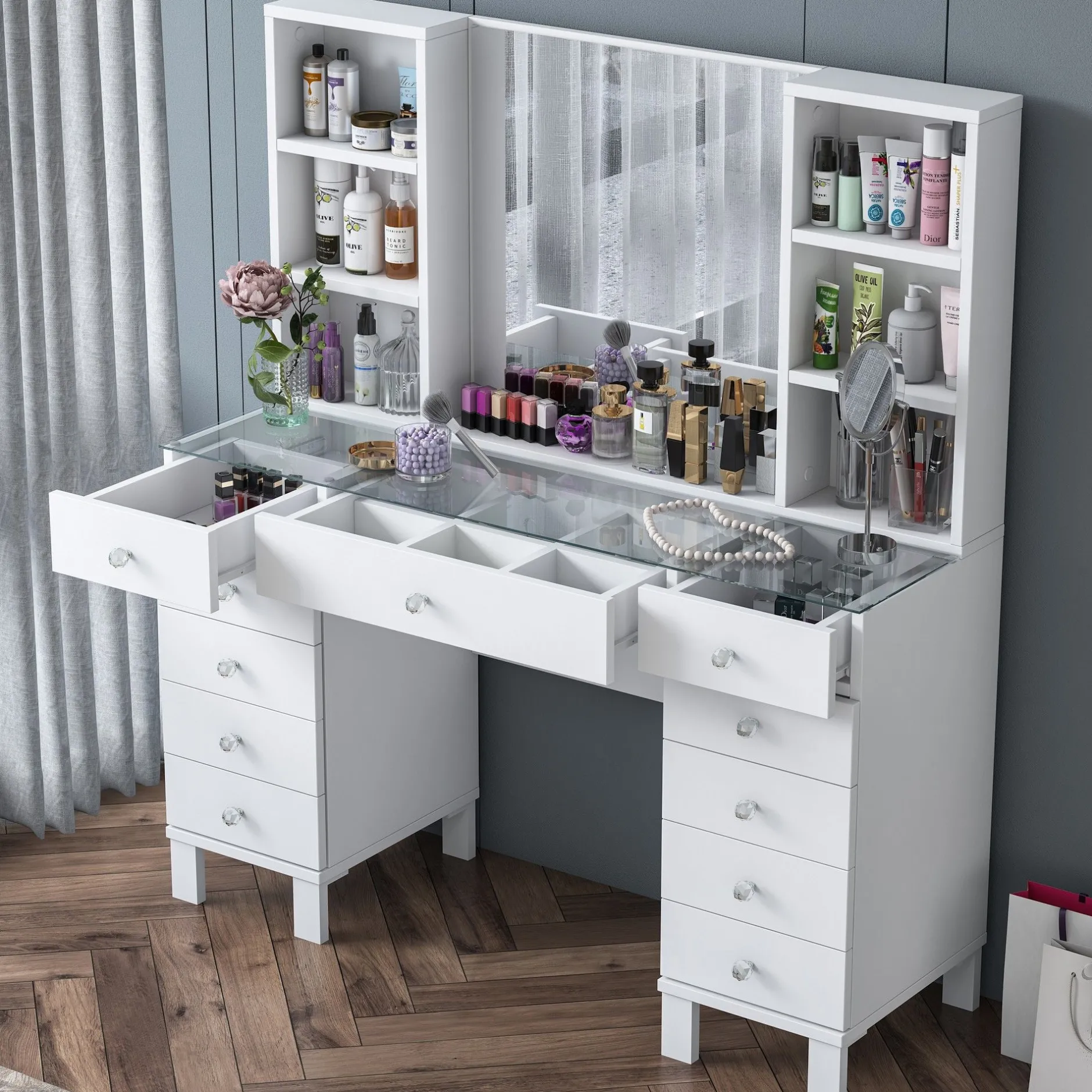Schminktisch BJ136 - 100% MELAMINE - Weiß - 120 x 133,8 x 40 cm