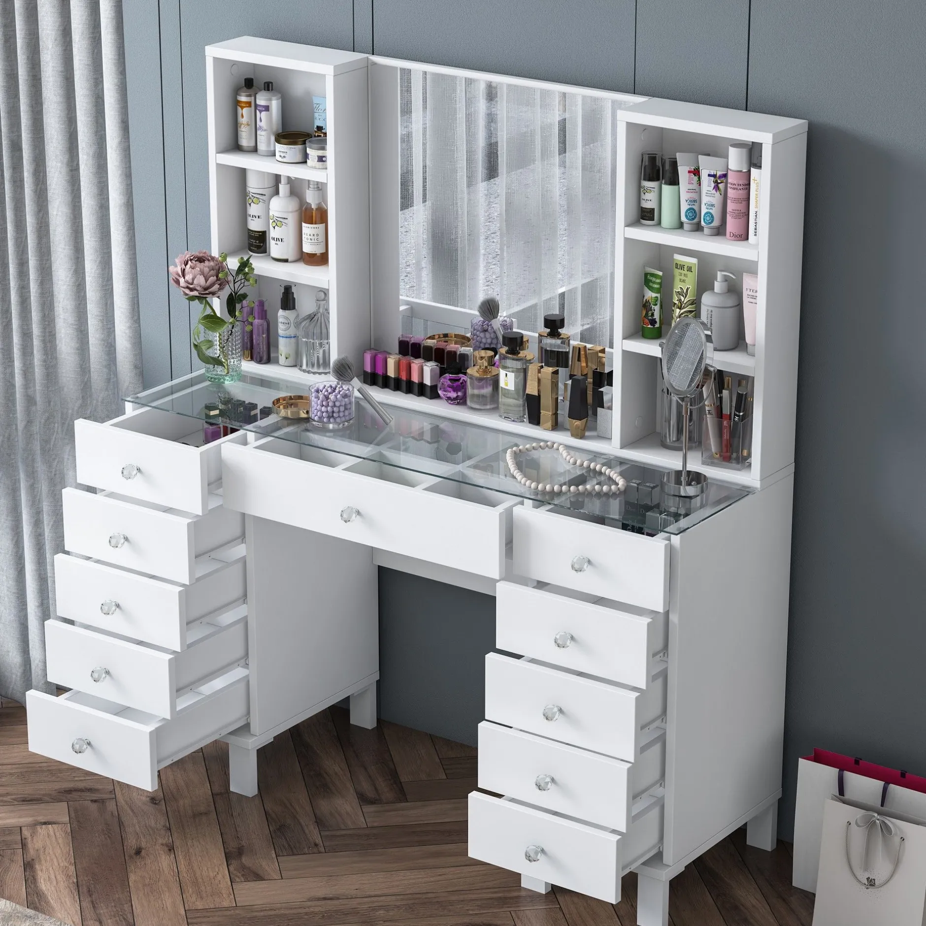 Schminktisch BJ136 - 100% MELAMINE - Weiß - 120 x 133,8 x 40 cm
