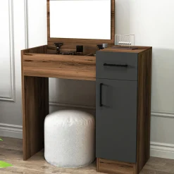 Schminktisch Incı - 100% MELAMINE - Heller Nussbaum - 77 x 108,8 x 37,3 cm