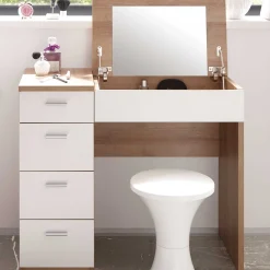 Schminktisch Loïs 90cm, 1 Tür und 4 Schubladen - Eiche hell Dekor/Weiß