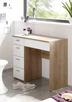 Schminktisch Loïs 90cm, 1 Tür und 4 Schubladen - Eiche hell Dekor/Weiß