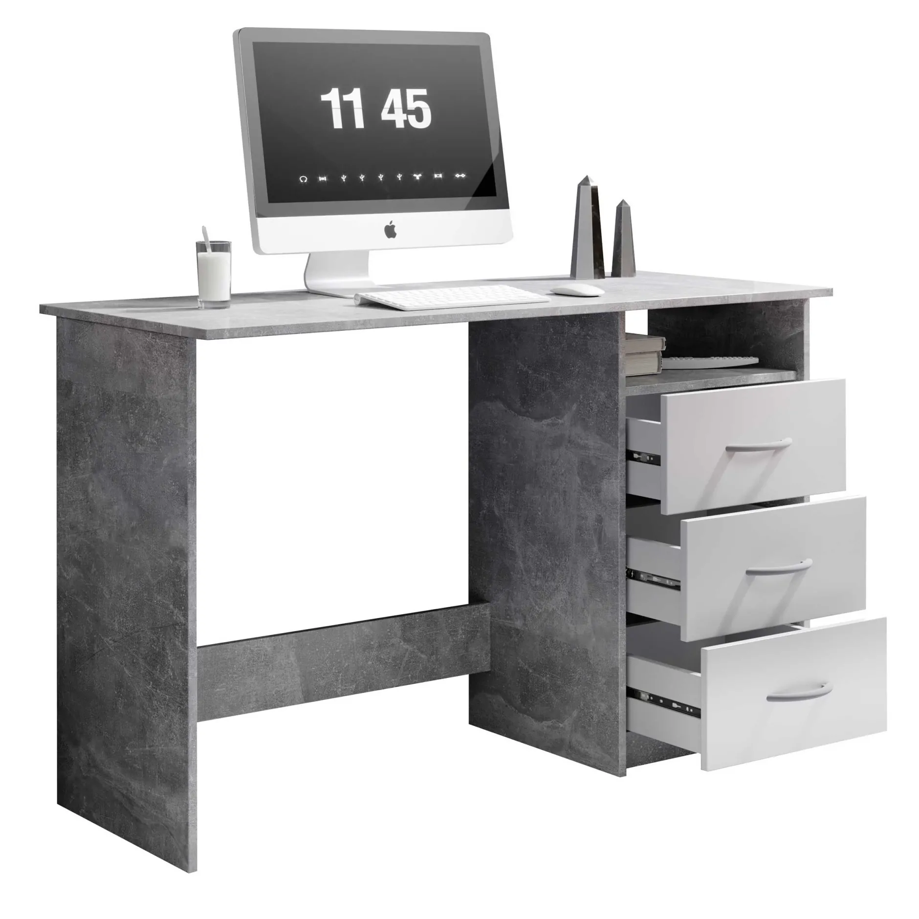 Schreibtisch Adriano 123cm mit 3 Schubladen - Beton/Weiß