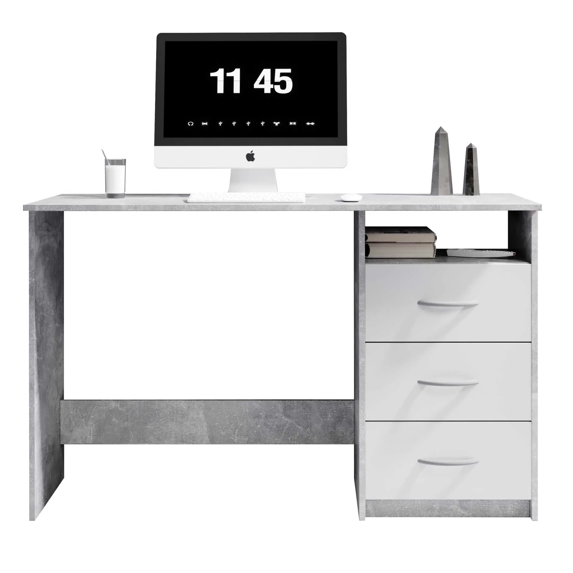 Schreibtisch Adriano 123cm mit 3 Schubladen - Beton/Weiß