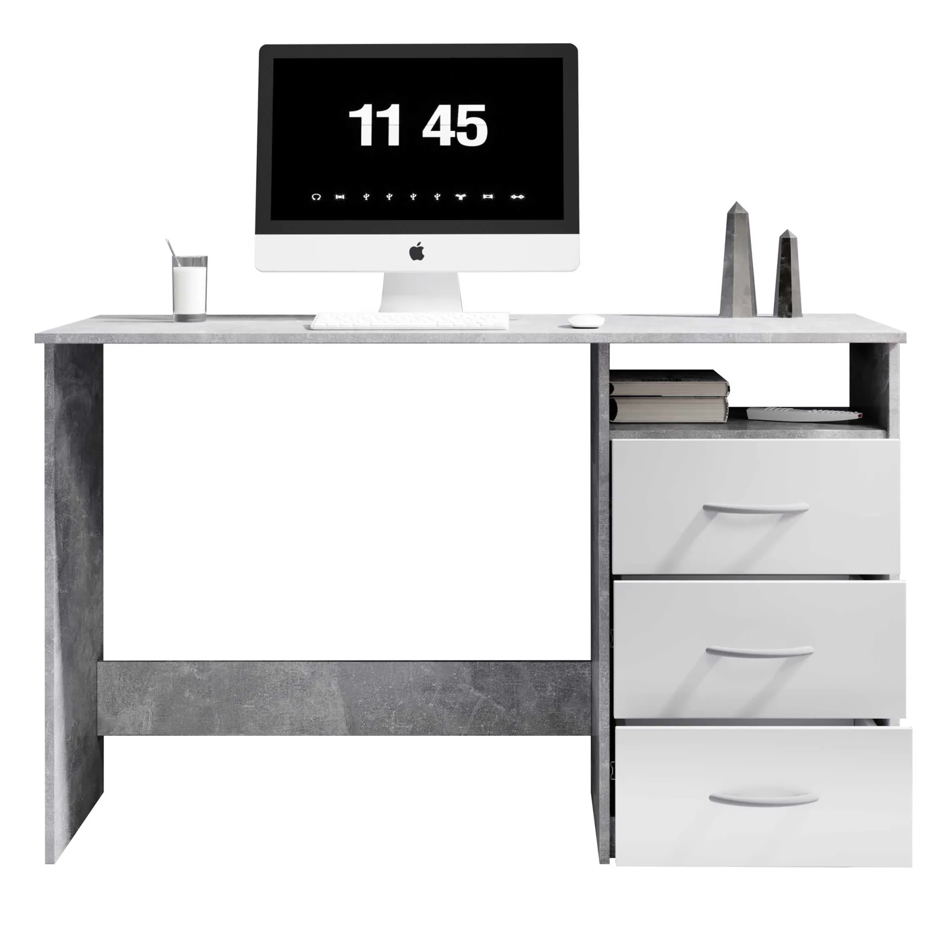 Schreibtisch Adriano 123cm mit 3 Schubladen - Beton/Weiß