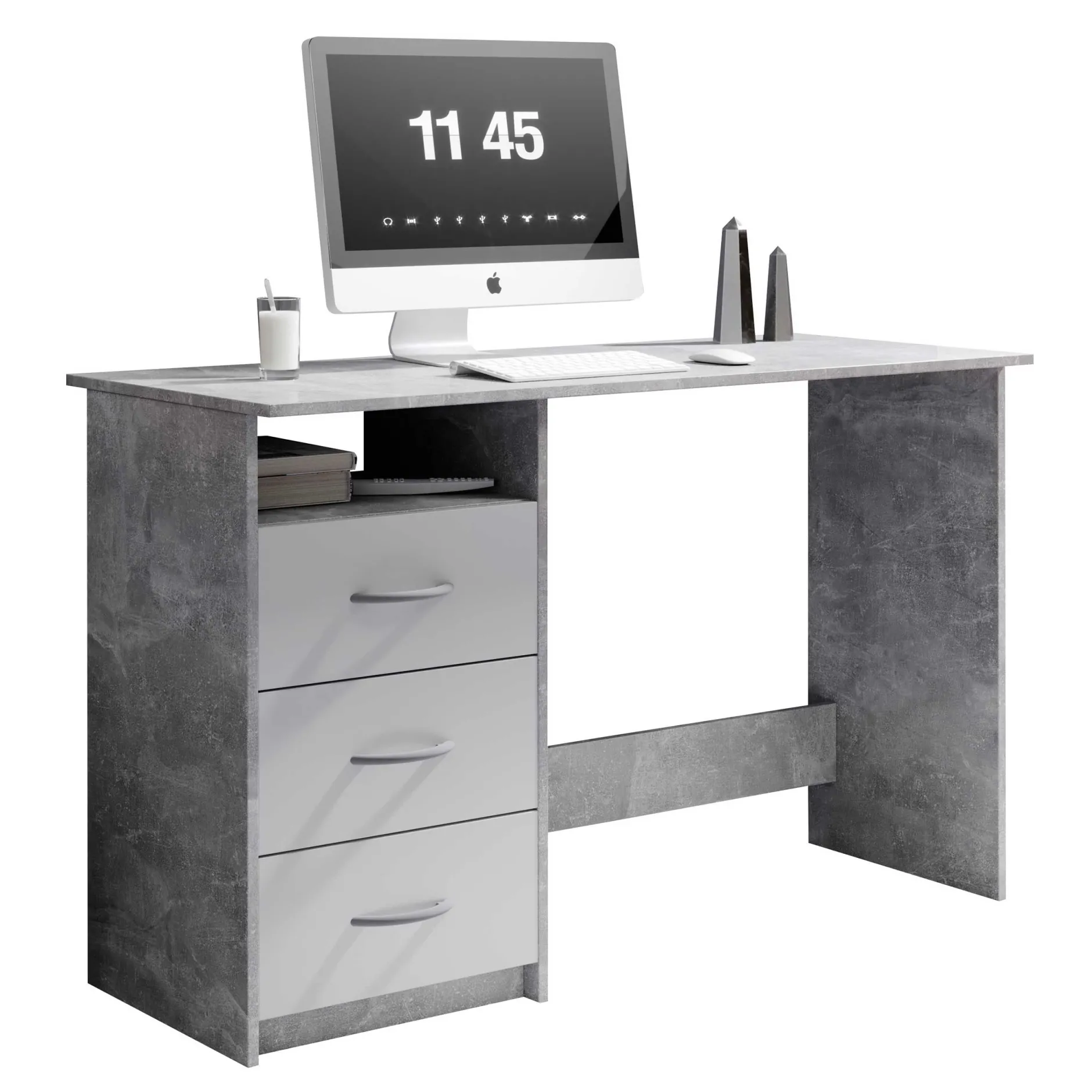 Schreibtisch Adriano 123cm mit 3 Schubladen - Beton/Weiß