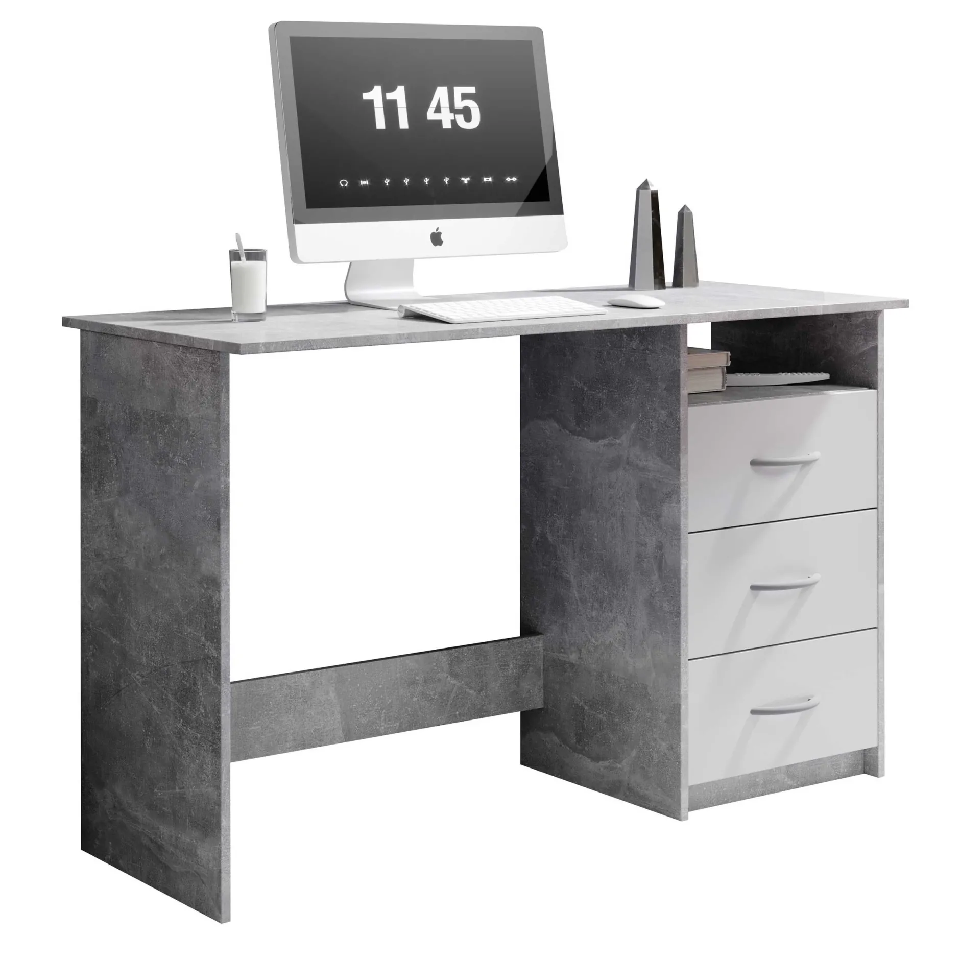 Schreibtisch Adriano 123cm mit 3 Schubladen - Beton/Weiß