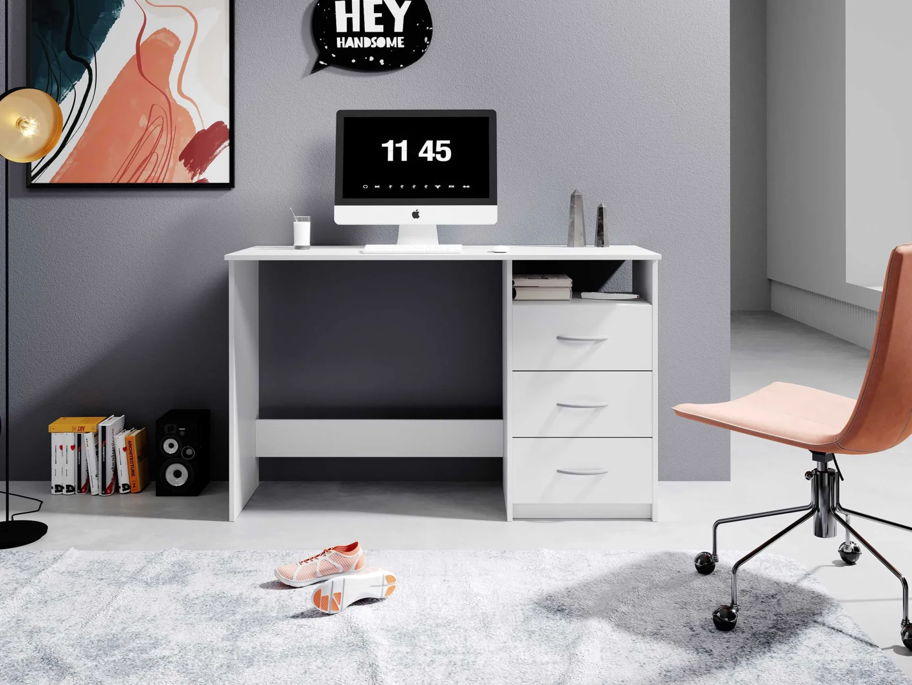 Schreibtisch Adriano 123cm mit 3 Schubladen - weiß