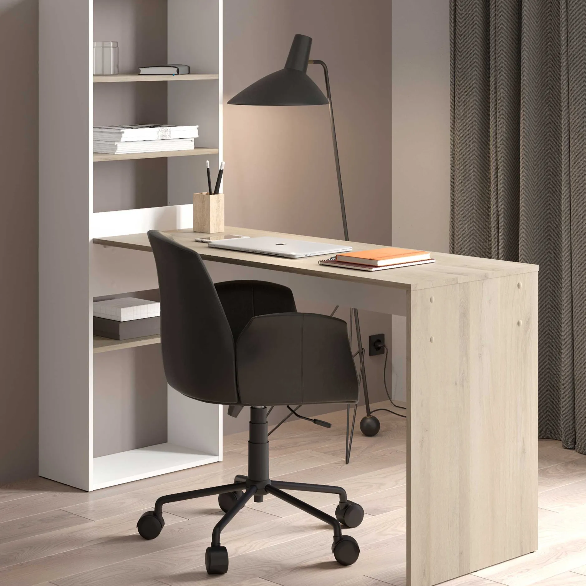 Schreibtisch Azizam - 123x53x145cm - mit Bücherregal - weiß/Eiche Dekor