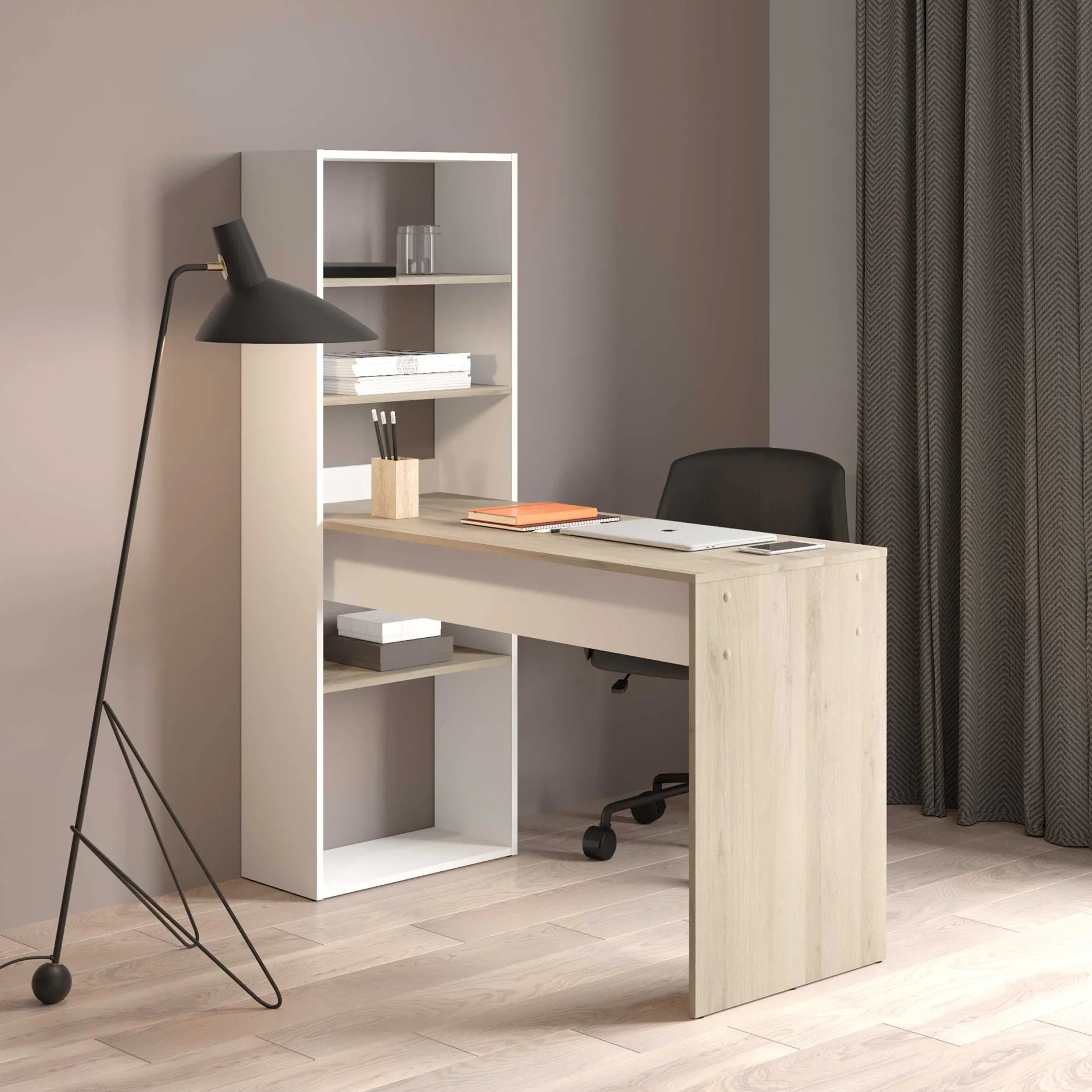 Schreibtisch Azizam - 123x53x145cm - mit Bücherregal - weiß/Eiche Dekor
