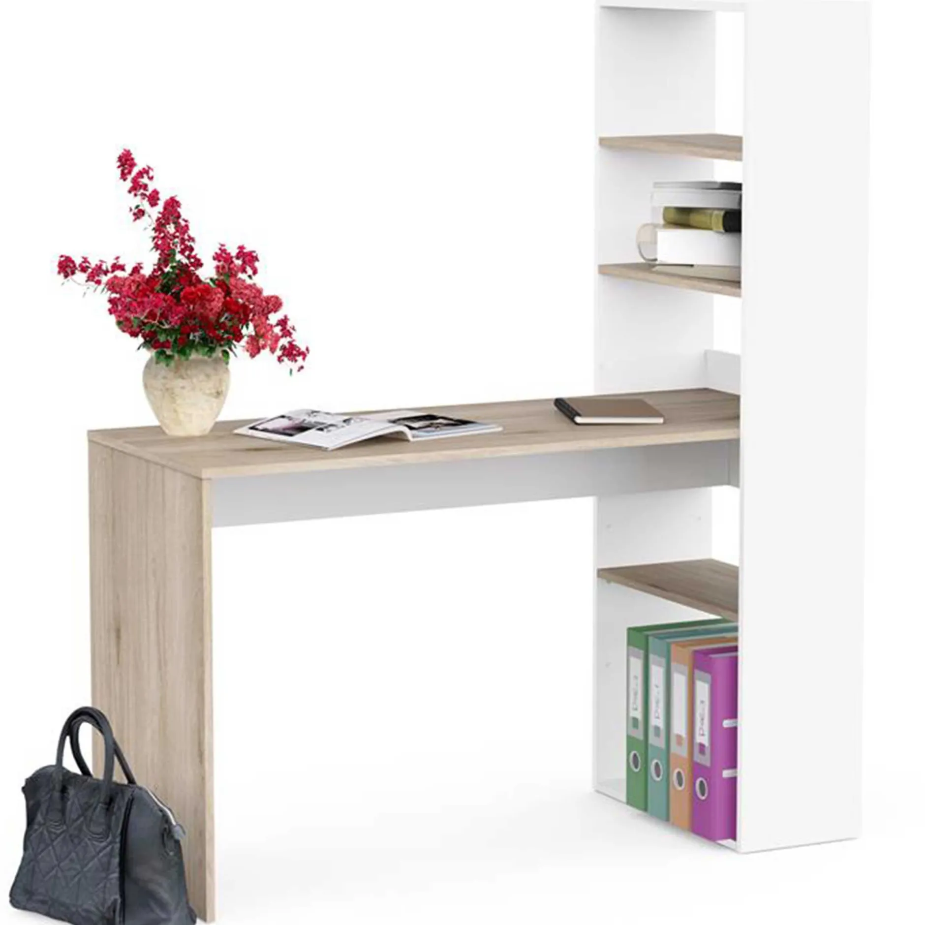 Schreibtisch Azizam - 123x53x145cm - mit Bücherregal - weiß/Eiche Dekor