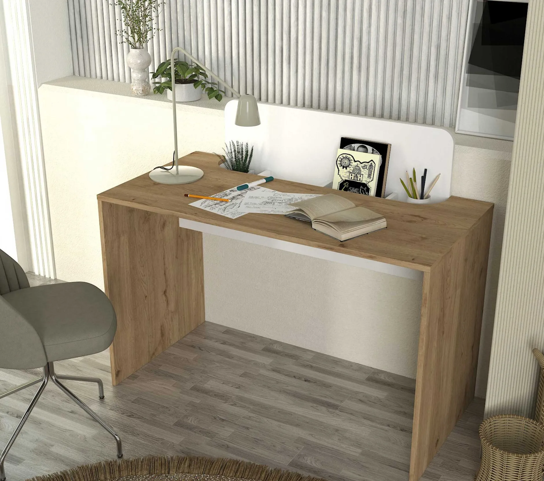 Schreibtisch Maris - 120x60x98cm - mit Stauraum - Eiche Dekor/Weiß