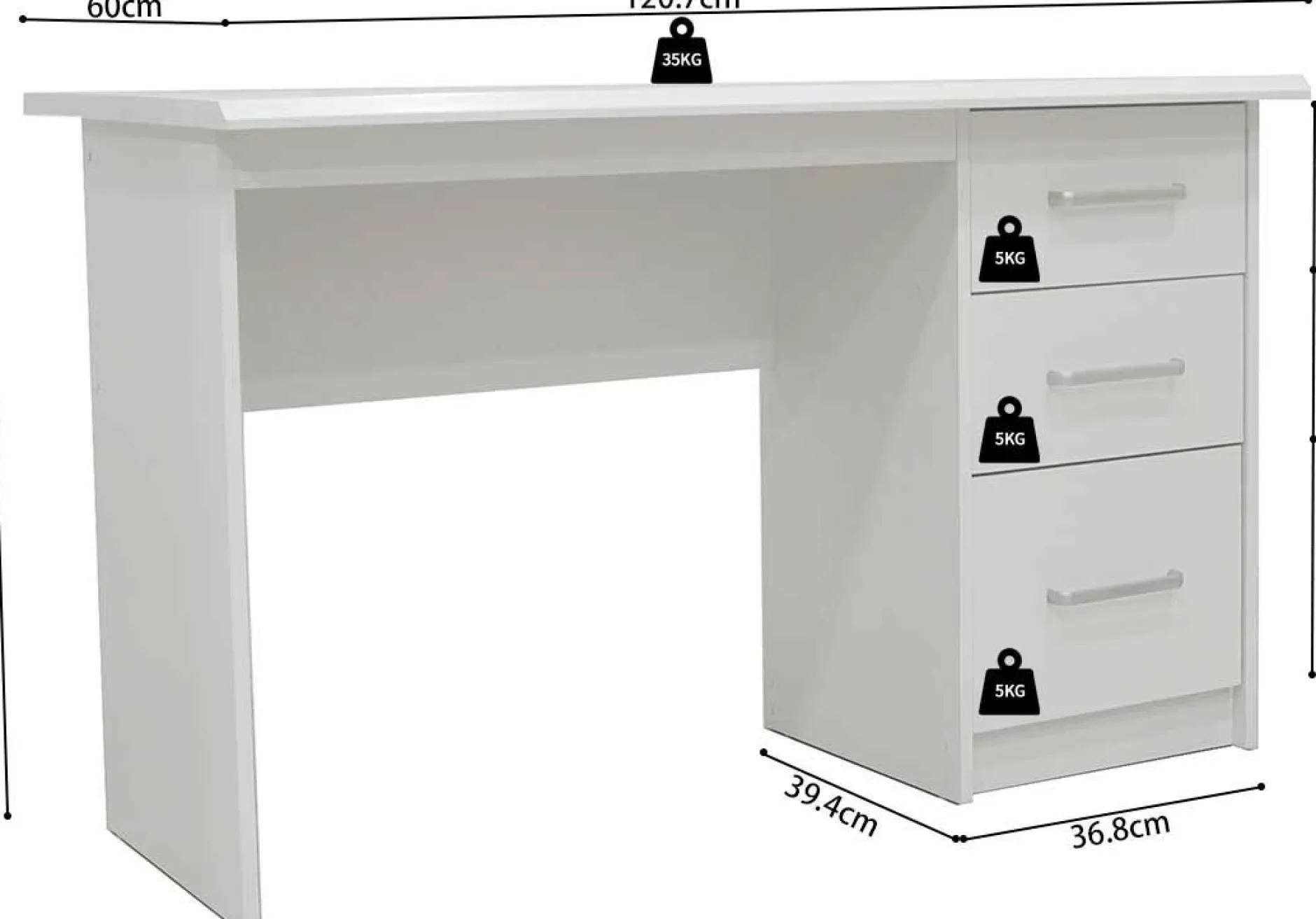 Schreibtisch Mateo 121x60x75cm mit drei Schubladen - weiß