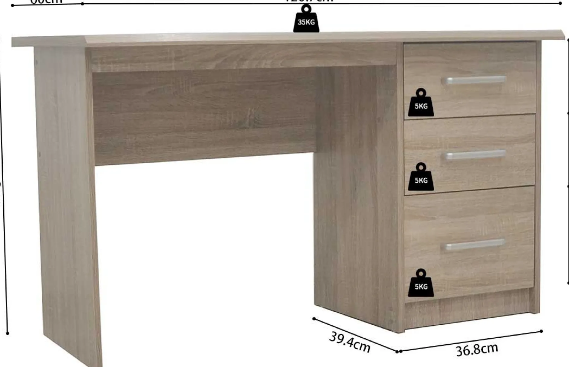 Schreibtisch Mateo 121x60x75cm mit drei Schubladen - Eiche Dekor