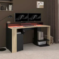 Schreibtisch Meta - 152x61x87cm - mit LED-Beleuchtung - Eiche Dekor/schwarz