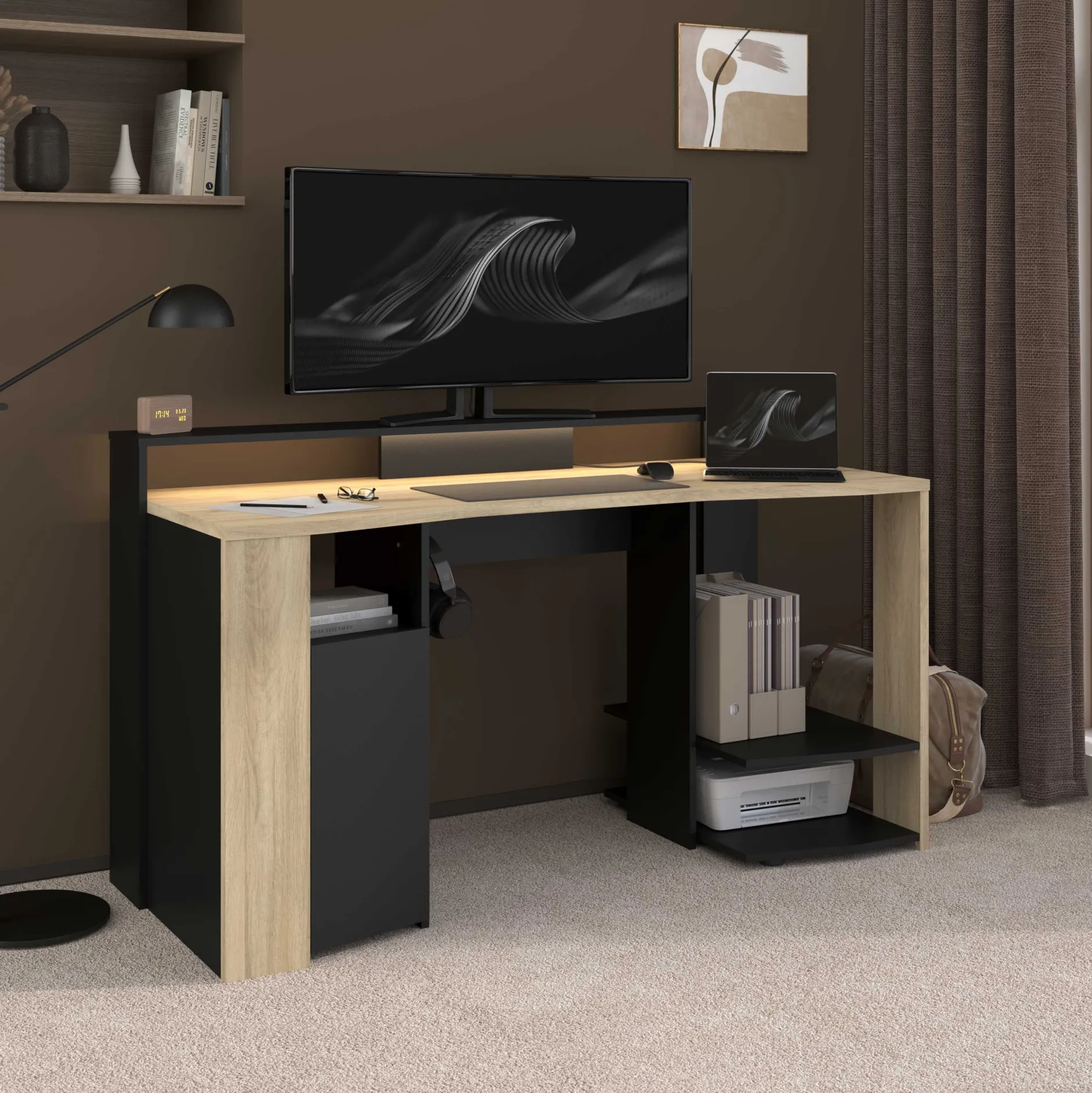 Schreibtisch Meta - 152x61x87cm - mit LED-Beleuchtung - Eiche Dekor/schwarz