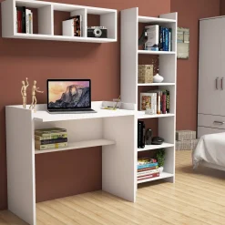 Schreibtisch mit Bücherregal Matilda - 100% MELAMINE - Weiß - 90 x 160 x 58 cm