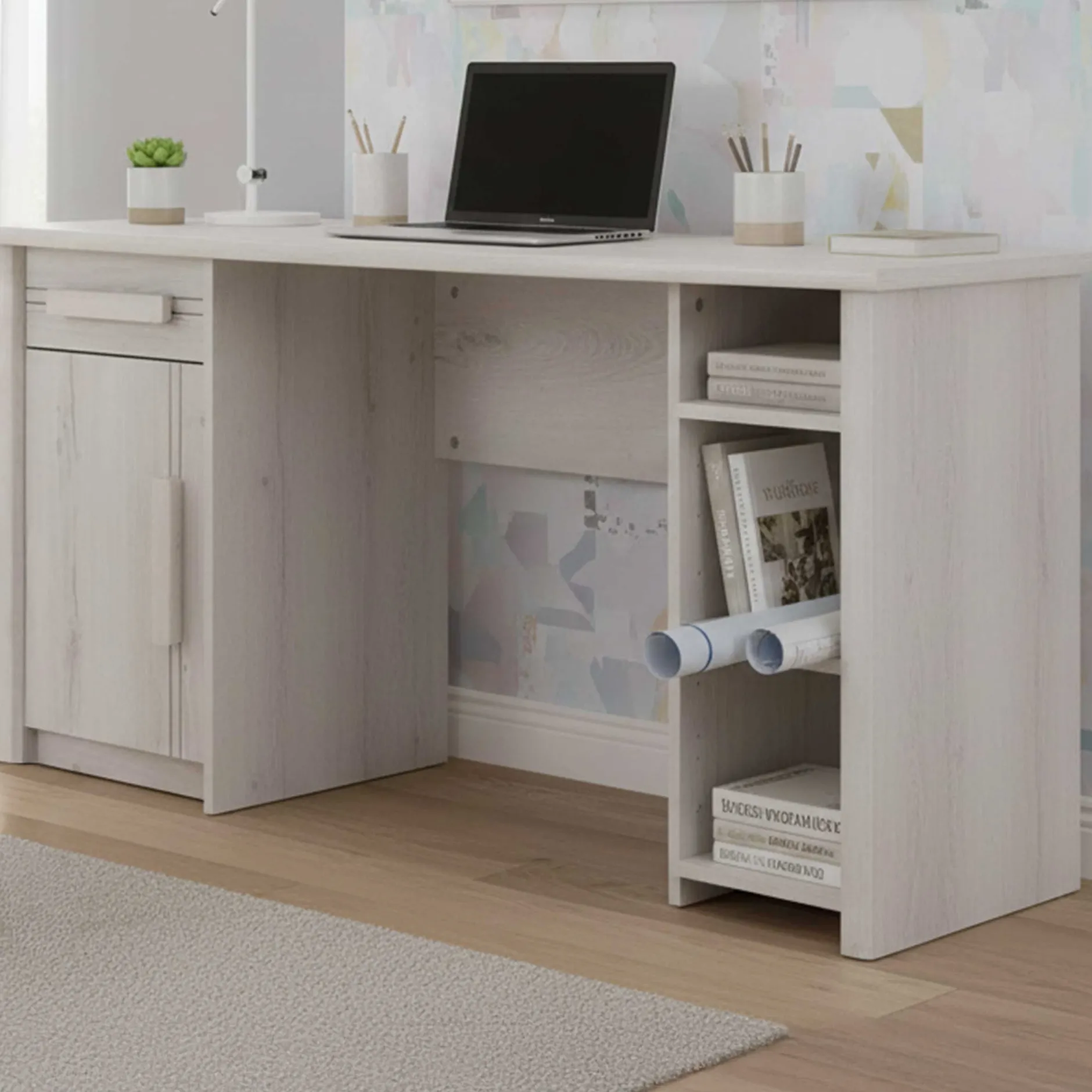 Schreibtisch Morris 136cm mit 1 Tür, 1 Schublade und 3 Fächern - gebleichte Helvezia-Eiche