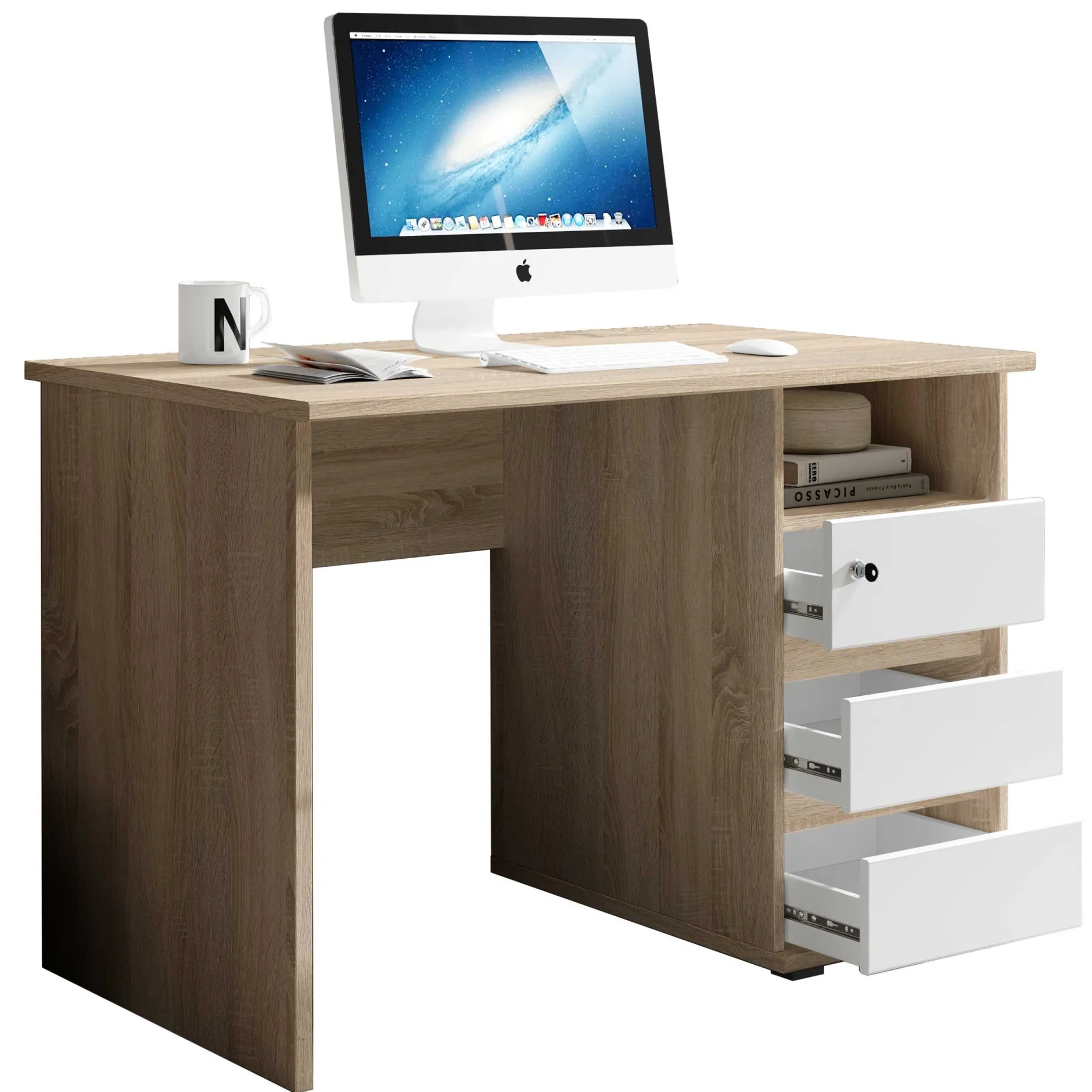 Schreibtisch Primos 110cm mit 3 Schubladen - Eiche/Weiß