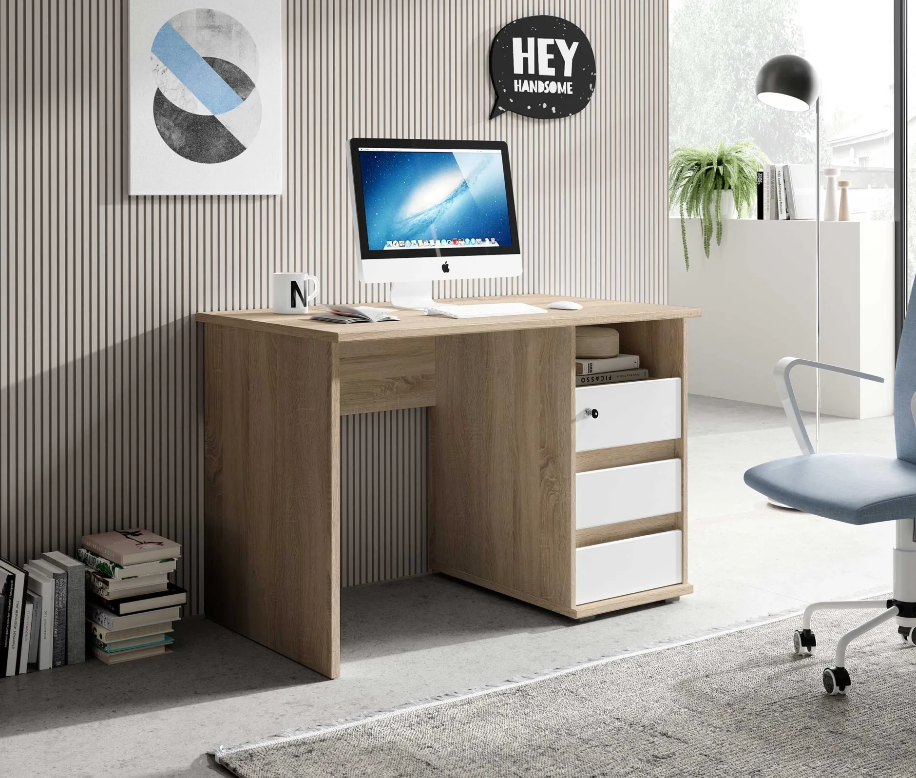 Schreibtisch Primos 110cm mit 3 Schubladen - Eiche/Weiß