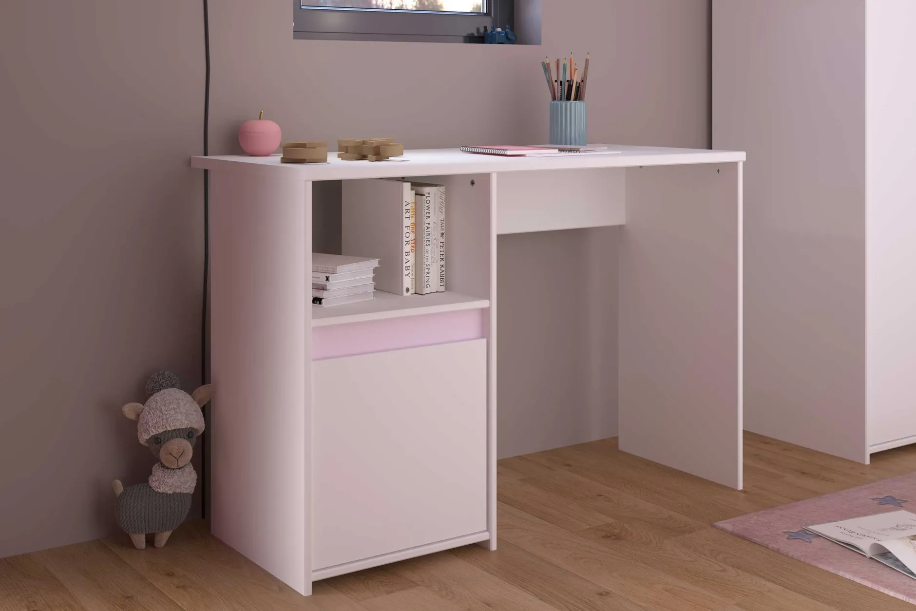 Schreibtisch Rue 110cm mit Schrank - weiß/grau oder weiß/rosa