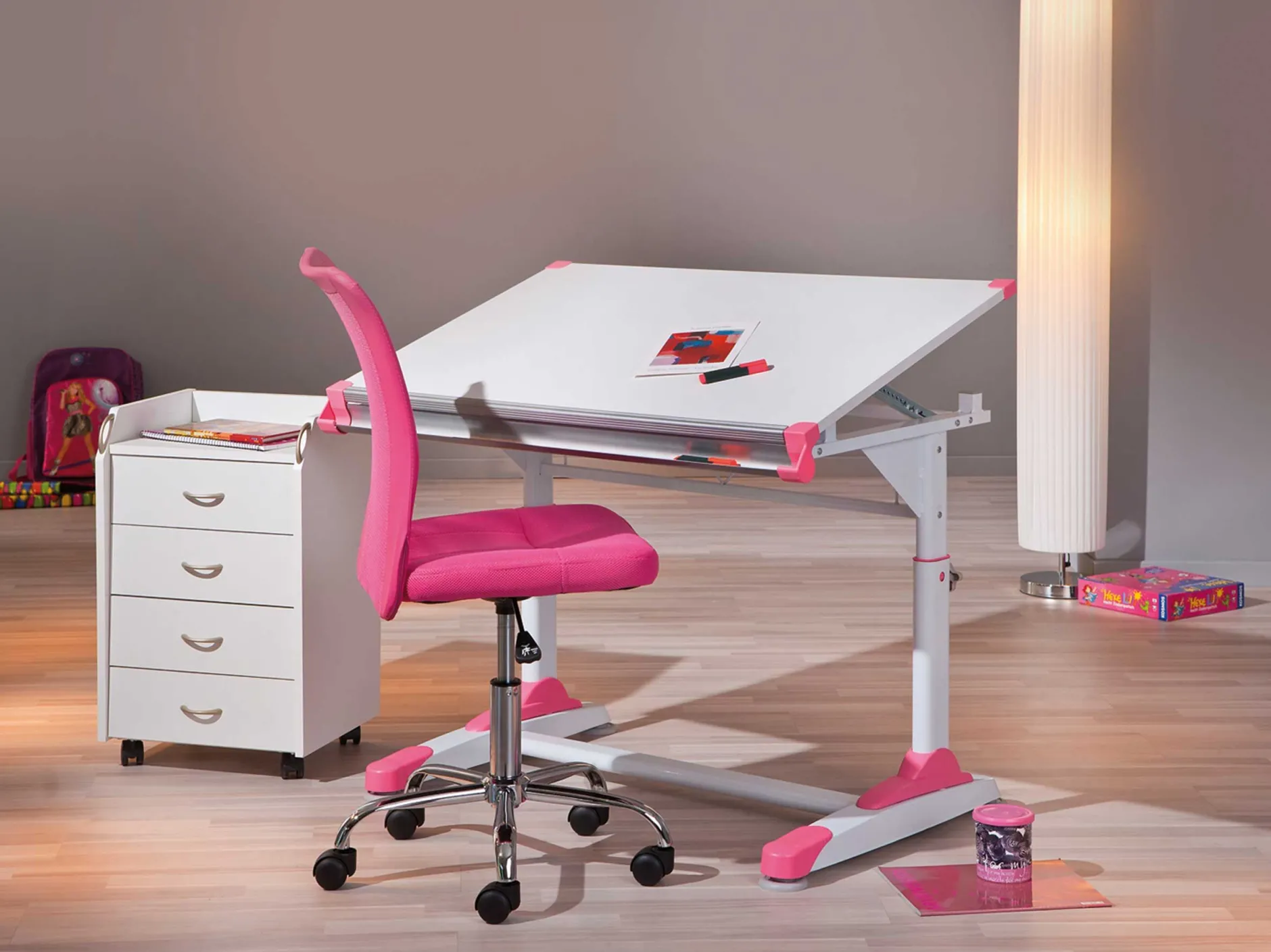 Schreibtisch Tamara mit kippbarer Tischplatte - Grün/Rosa
