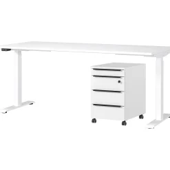 Schreibtisch und Schubladenschrank mit Schloss Hermoso | 237x80x72-118cm | elektrisch verstellbar | weiß