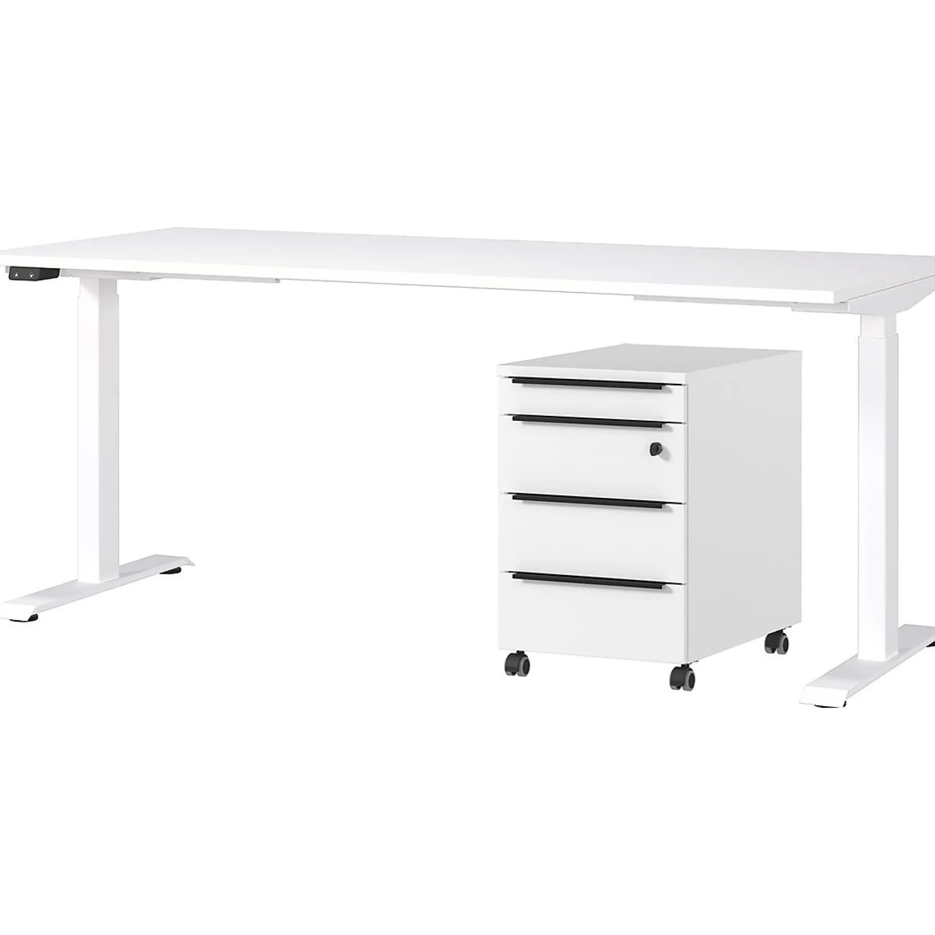 Schreibtisch und Schubladenschrank mit Schloss Hermoso | 237x80x72-118cm | elektrisch verstellbar | weiß