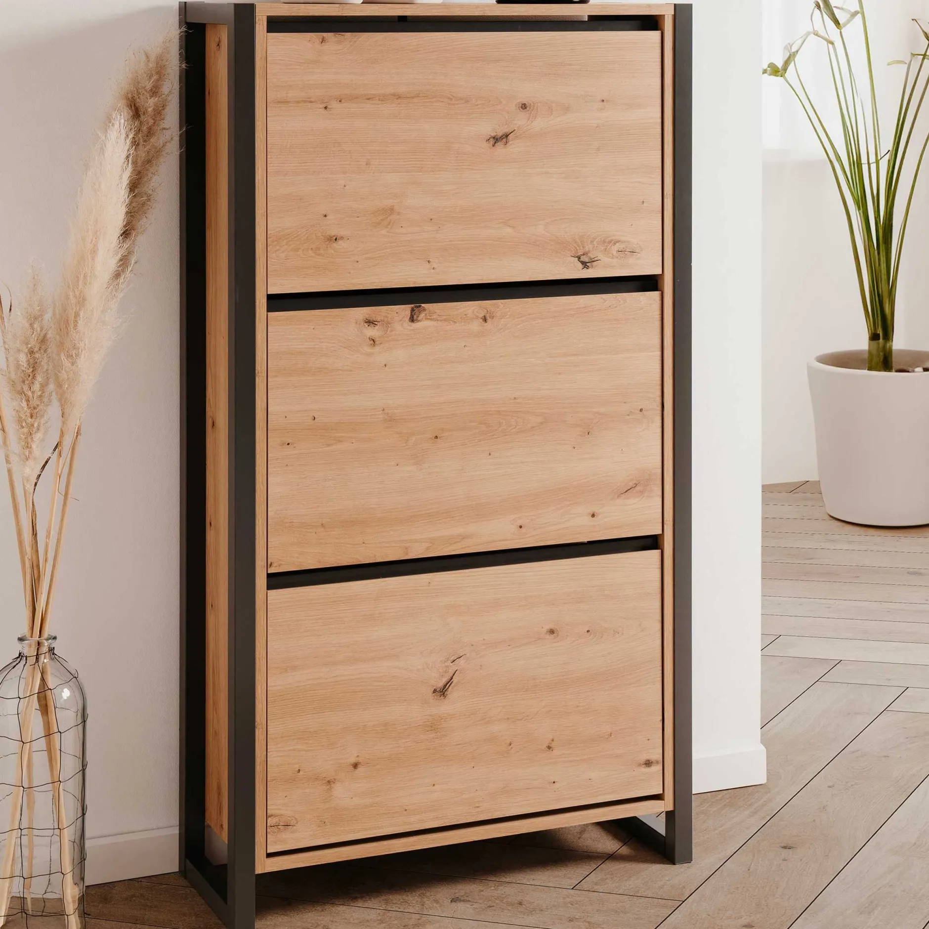 Schuhschrank Damon - 70x25x125cm - 3 Türen - Eiche Dekor